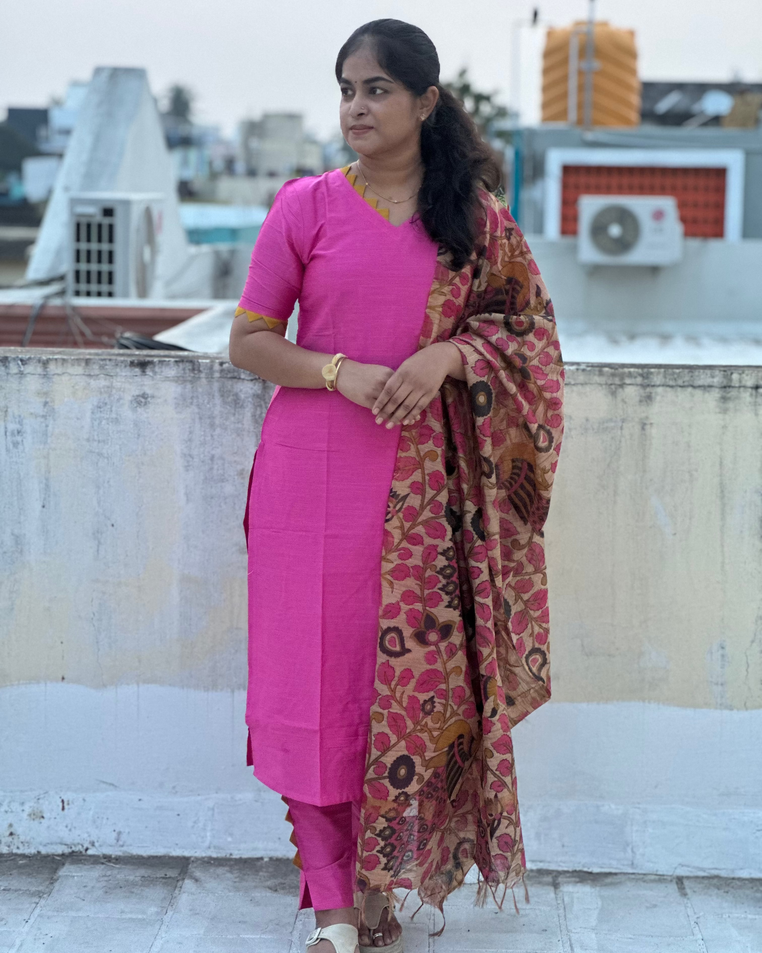 Pink Raw Silk Suit Set Paired With An Elegant Tussar Silk Dupatta