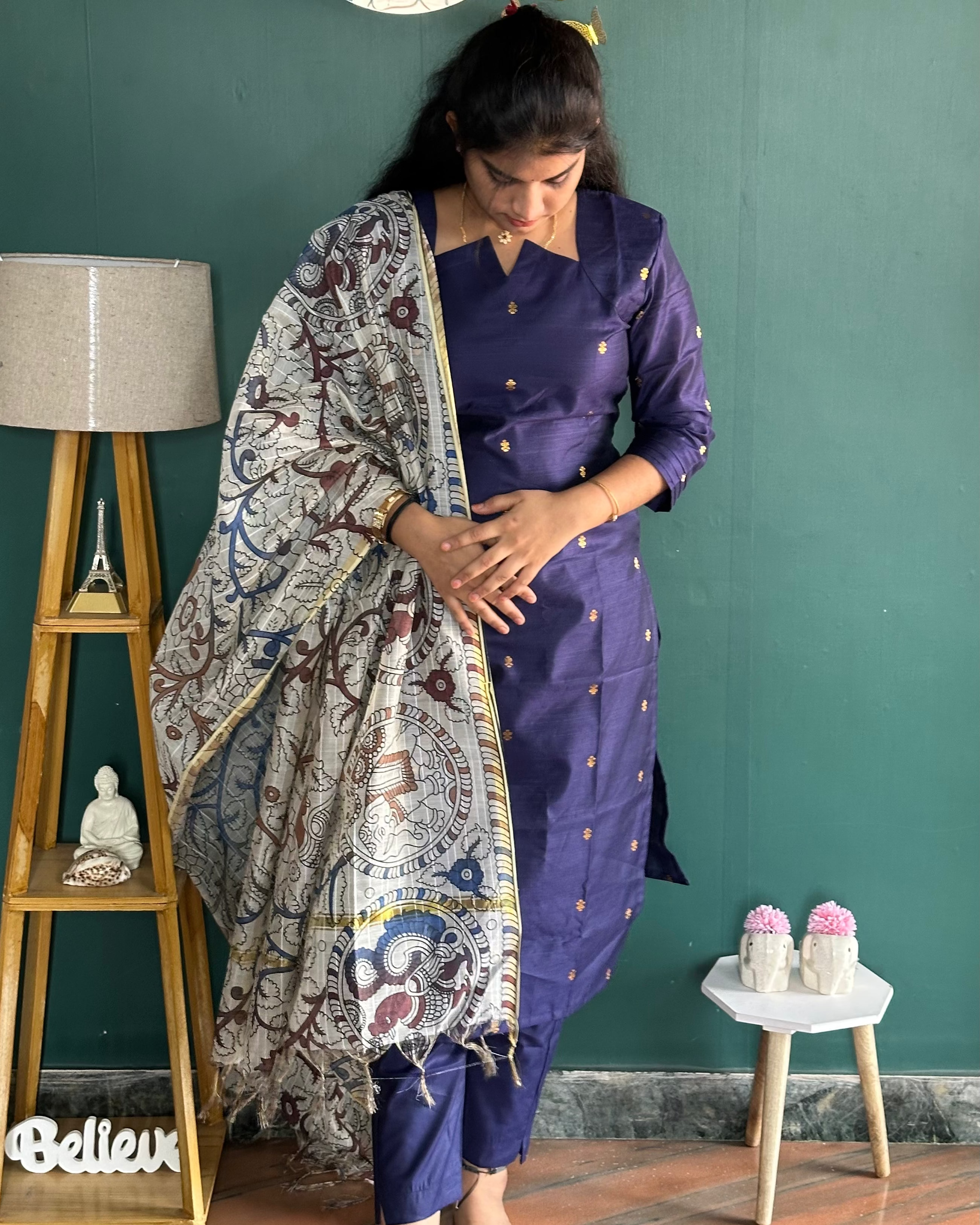 Blue Silk Cotton Suit Set