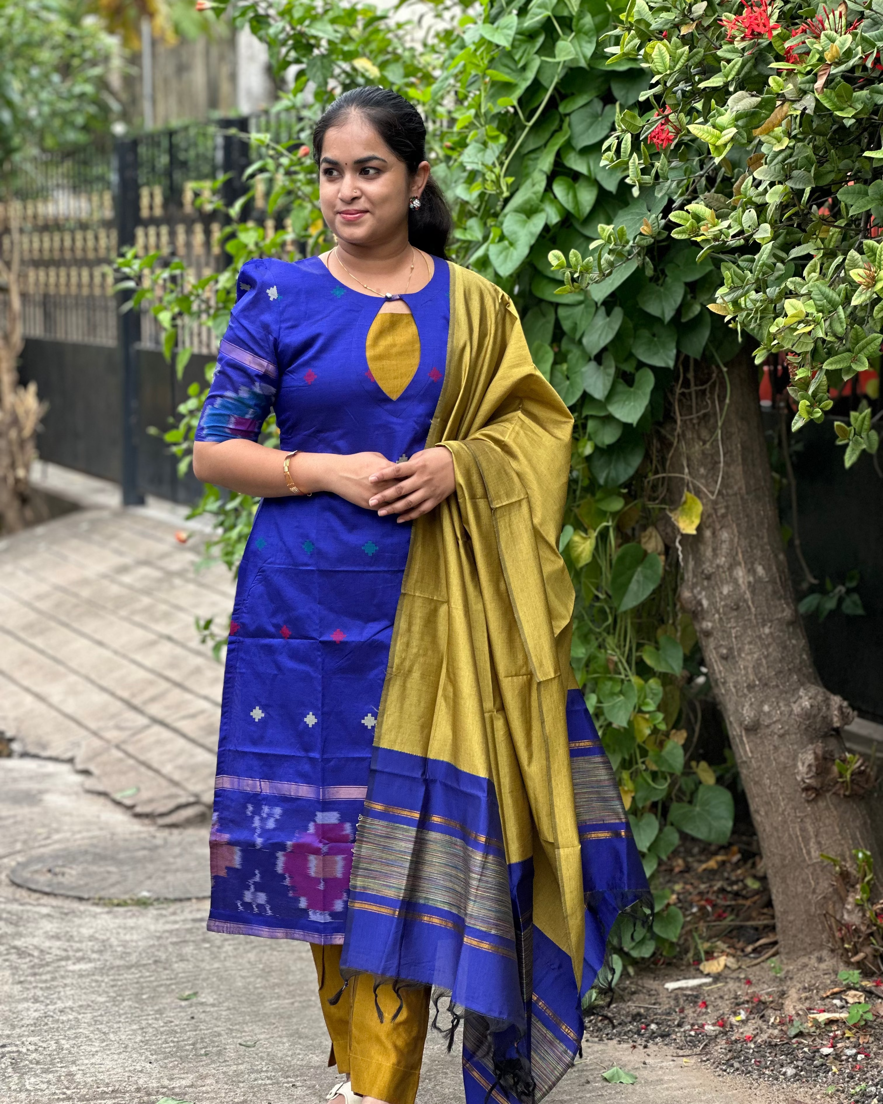 Blue Pochampally Ikkat Semi-Silk Suit Set