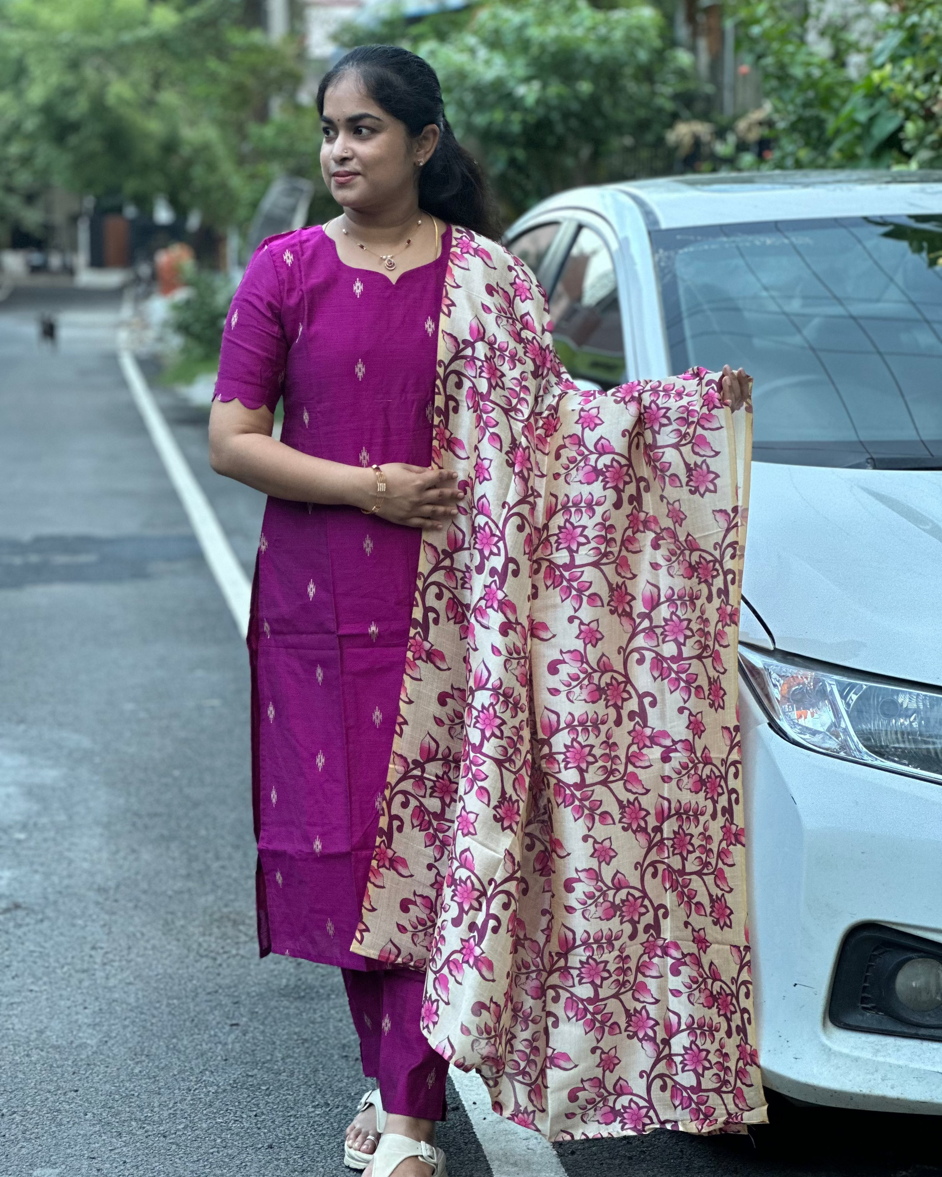 Deep Magenta Raw Silk Suit Set Paired With An Elegant Tussar Silk Dupatta