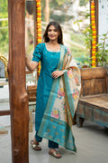 Poonthendral - Raw Silk Butta Suit Set with Floral Tussar Dupatta