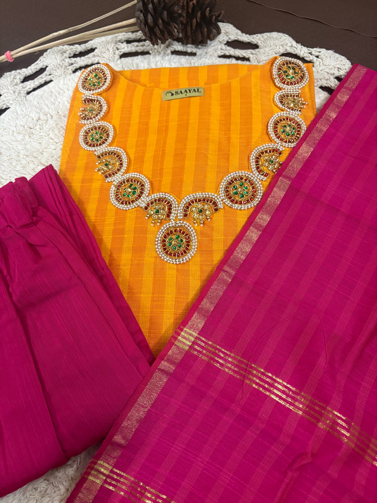 Kalyani - Raw Silk Suit Set with Aari Maggam work