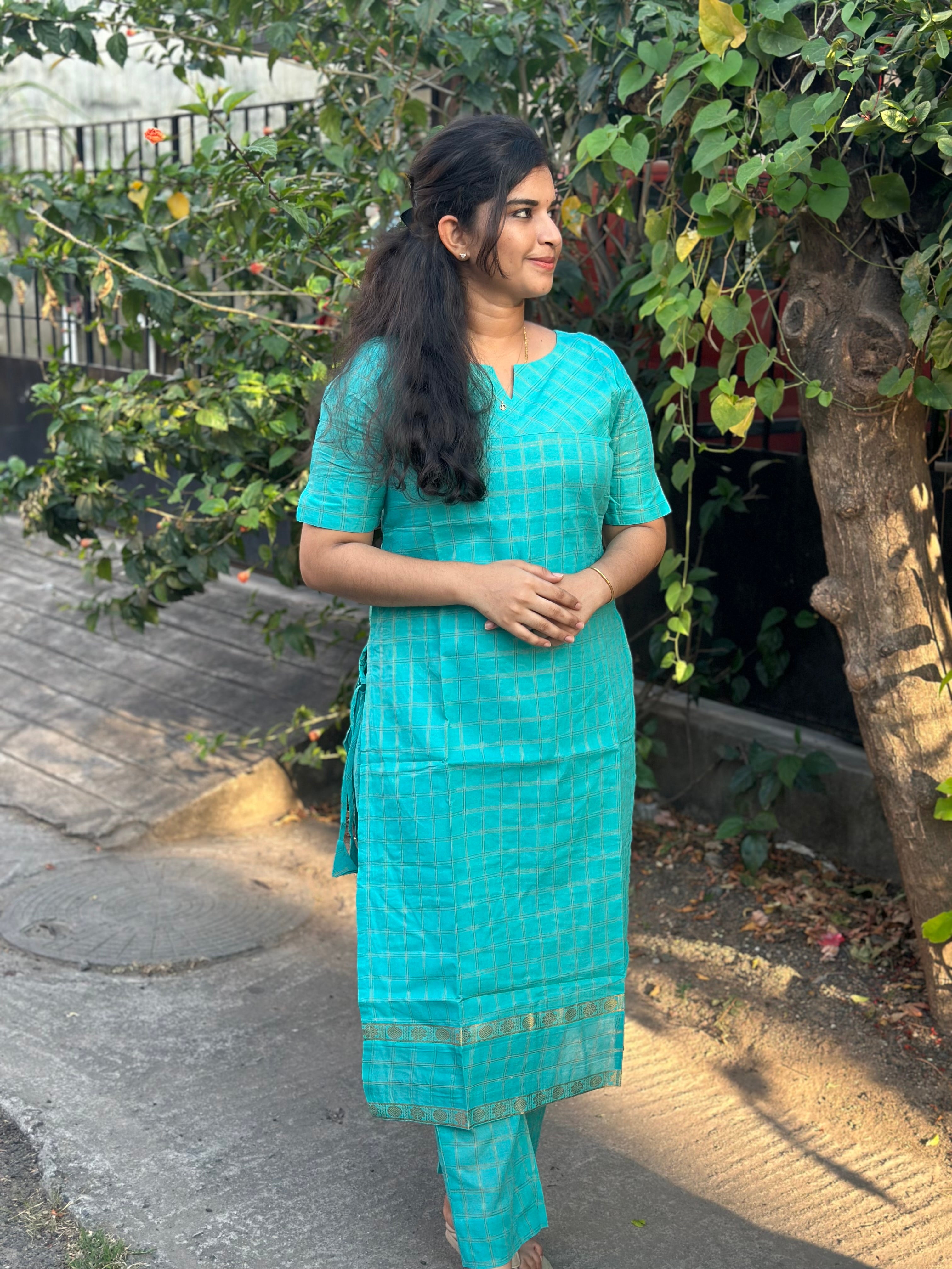 Aqua Blue Sungudi Cotton Coord set