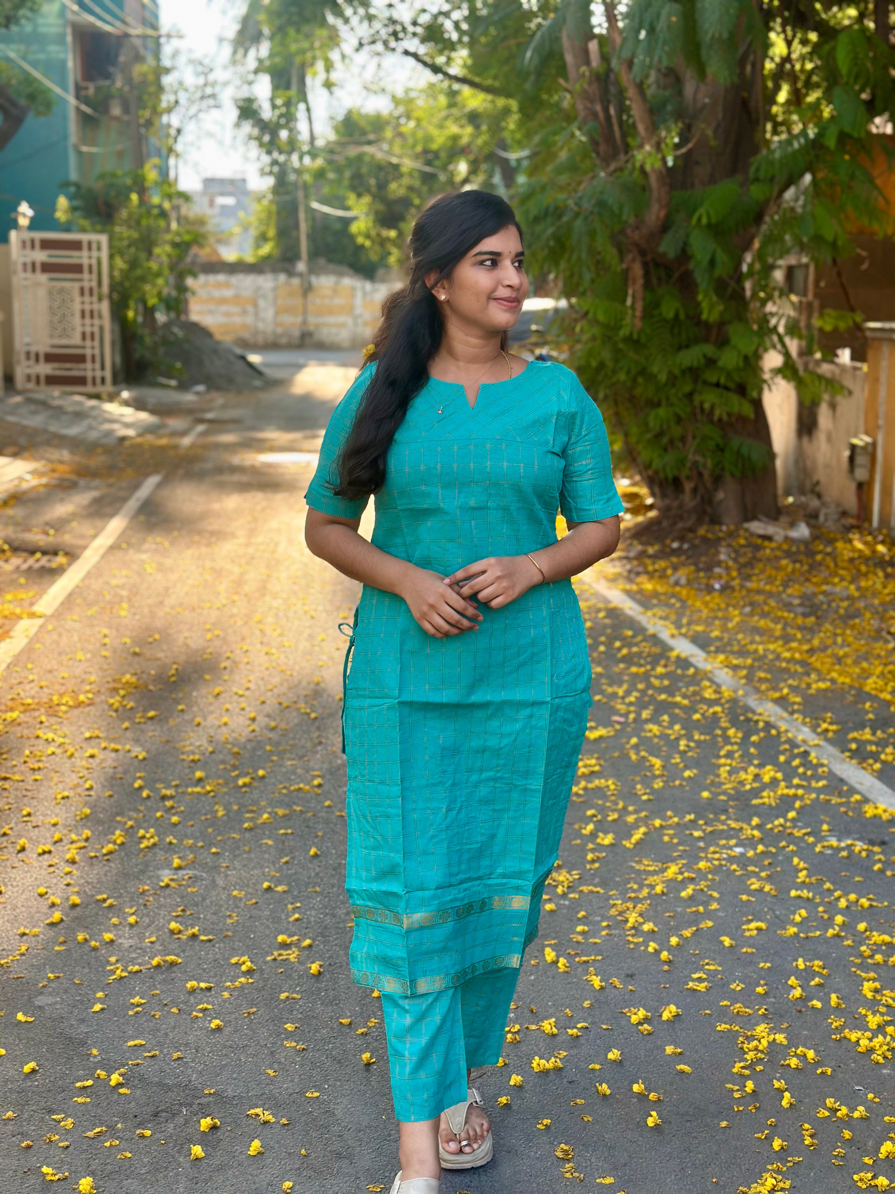 Aqua Blue Sungudi Cotton Coord set