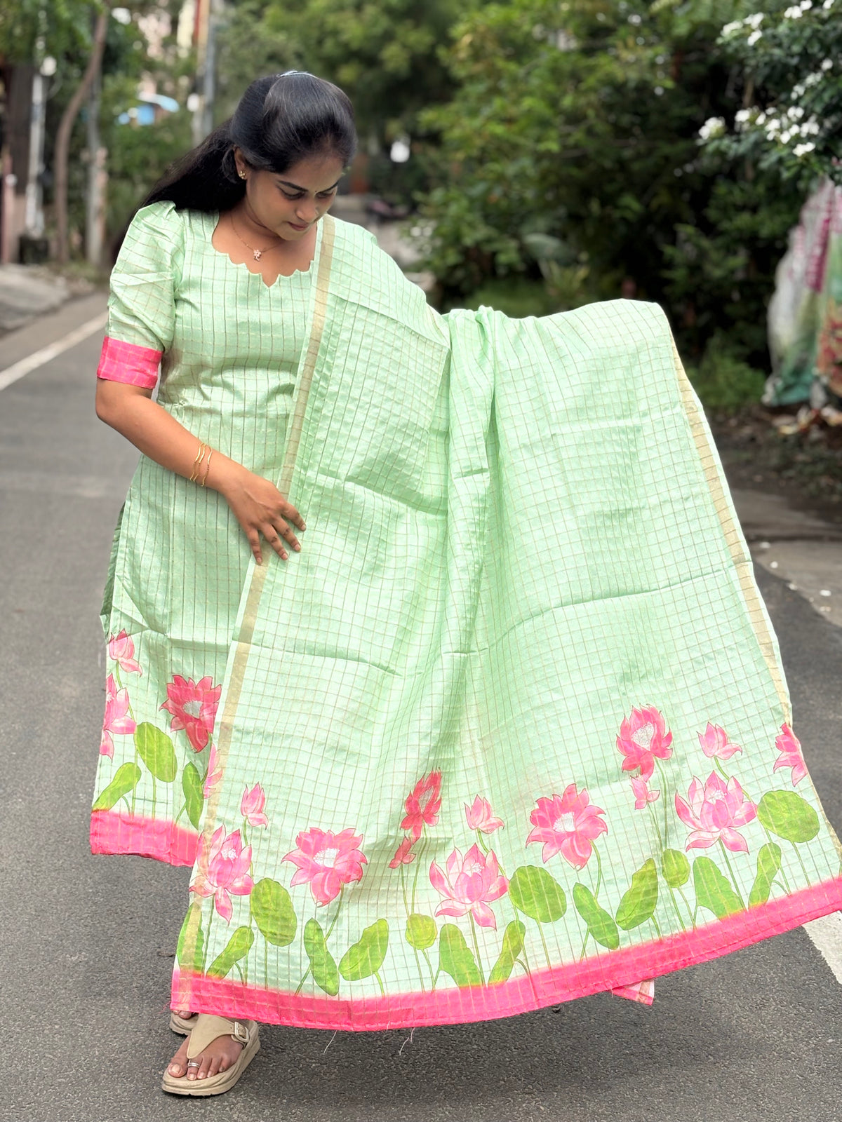 Pastel Lotus Semi Tussar Silk Top And Dupatta Set