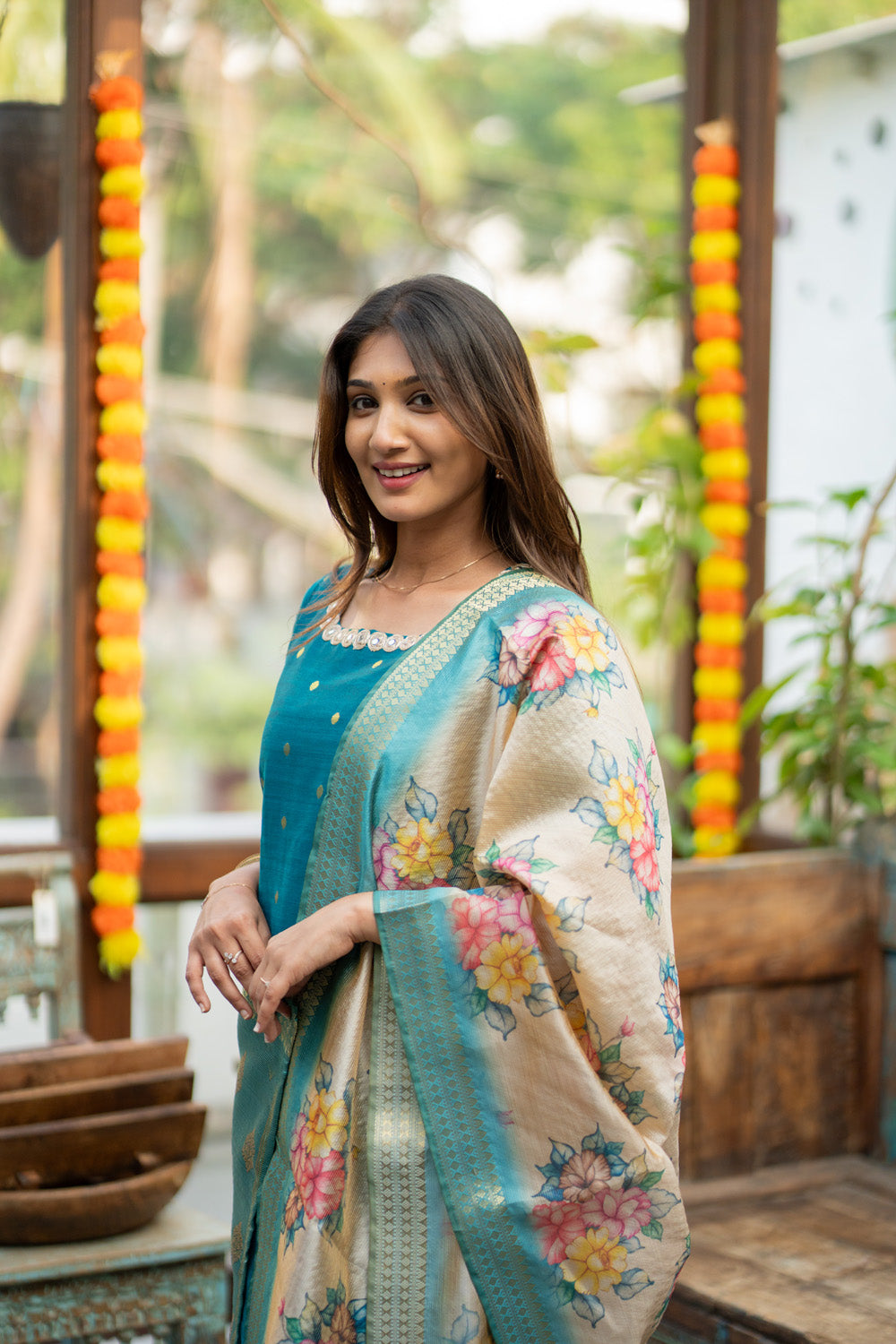 Poonthendral - Raw Silk Butta Suit Set with Floral Tussar Dupatta