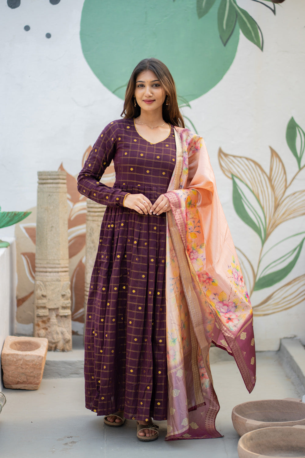 Poonguzhali - Raw Silk Pleated Maxi with Floral Tussar Dupatta