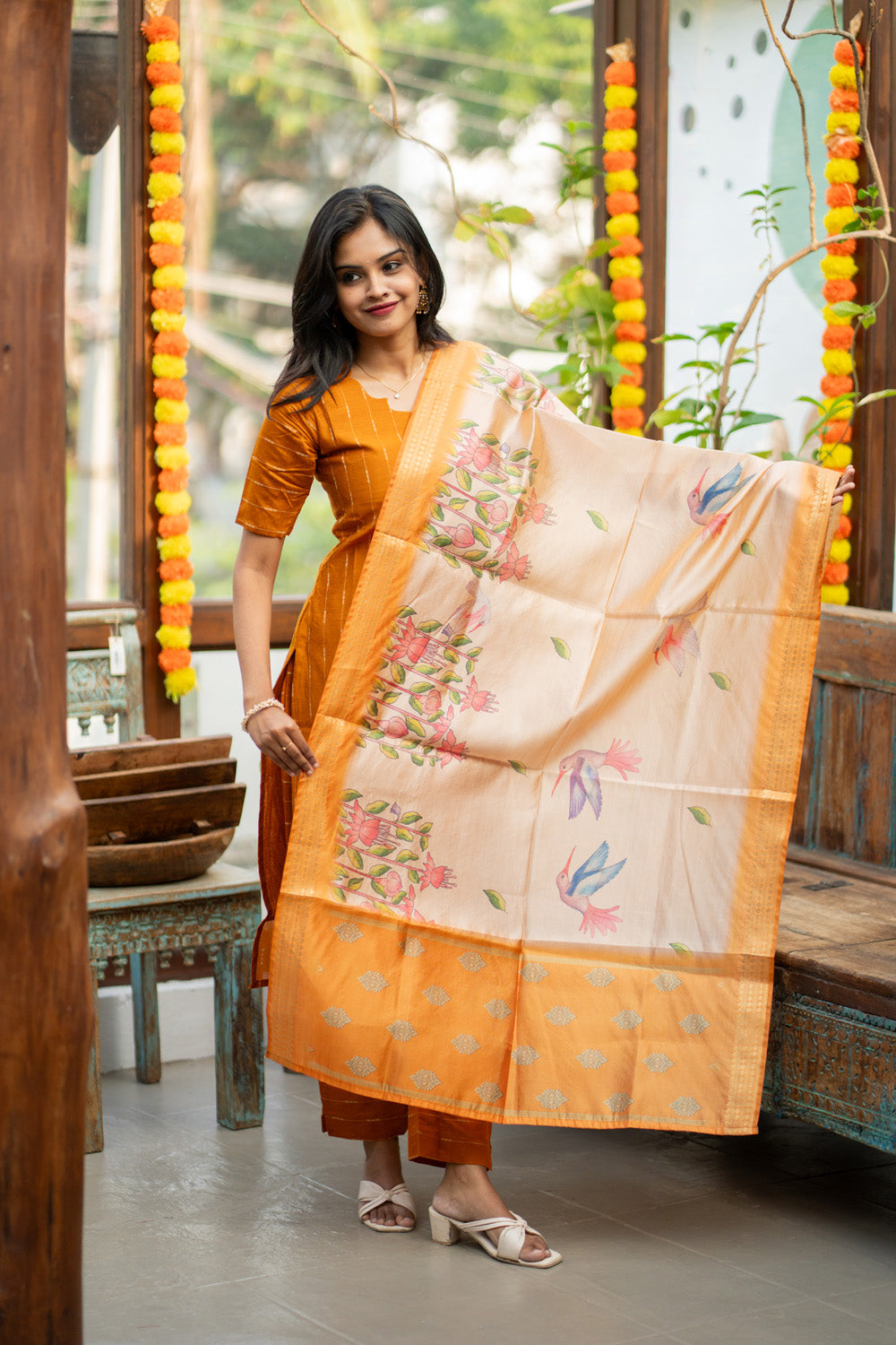 Semmanthi - Raw Silk Suit Set with Floral Tussar Dupatta