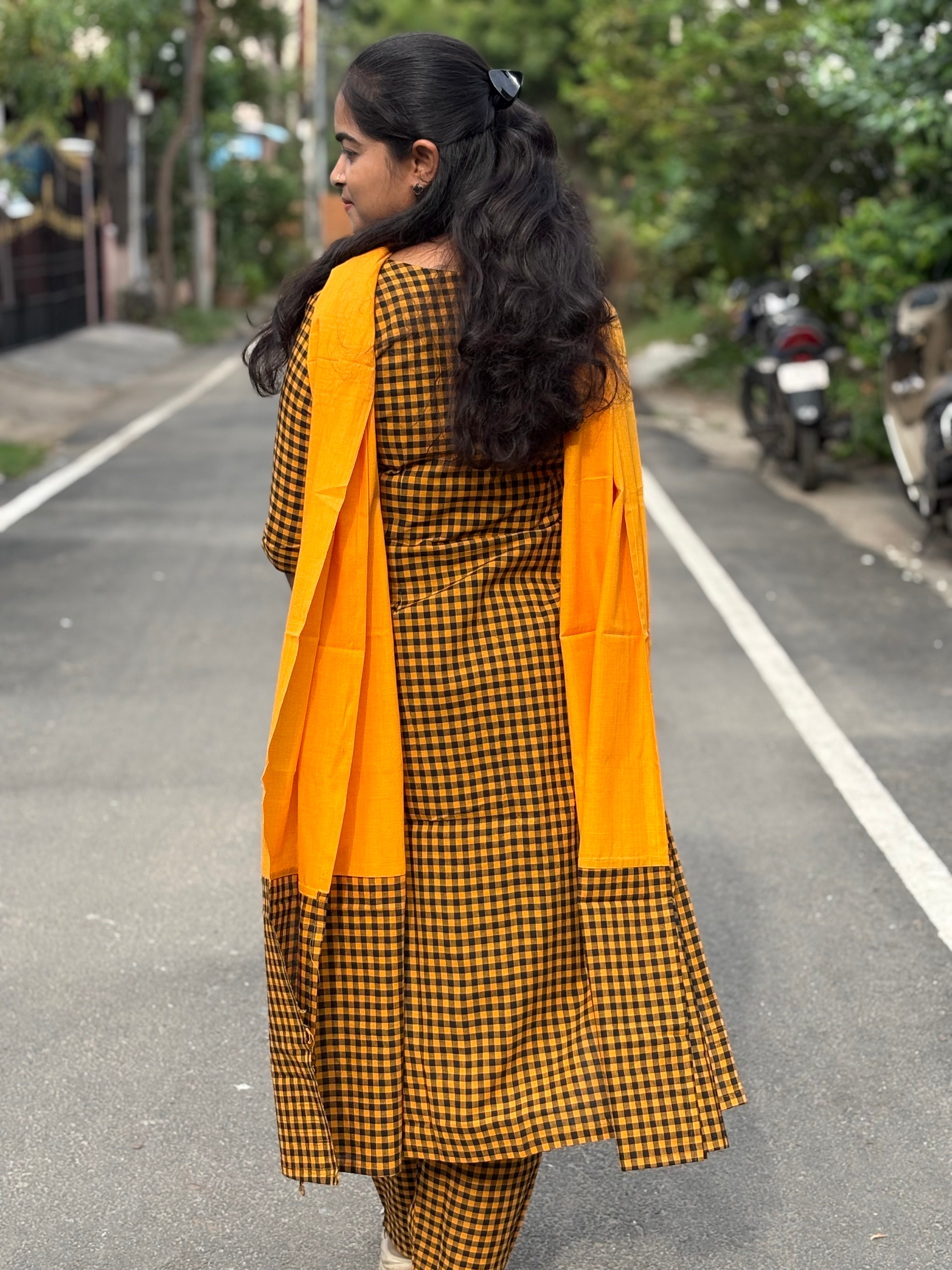 Mustard Checks Handloom Cotton Set
