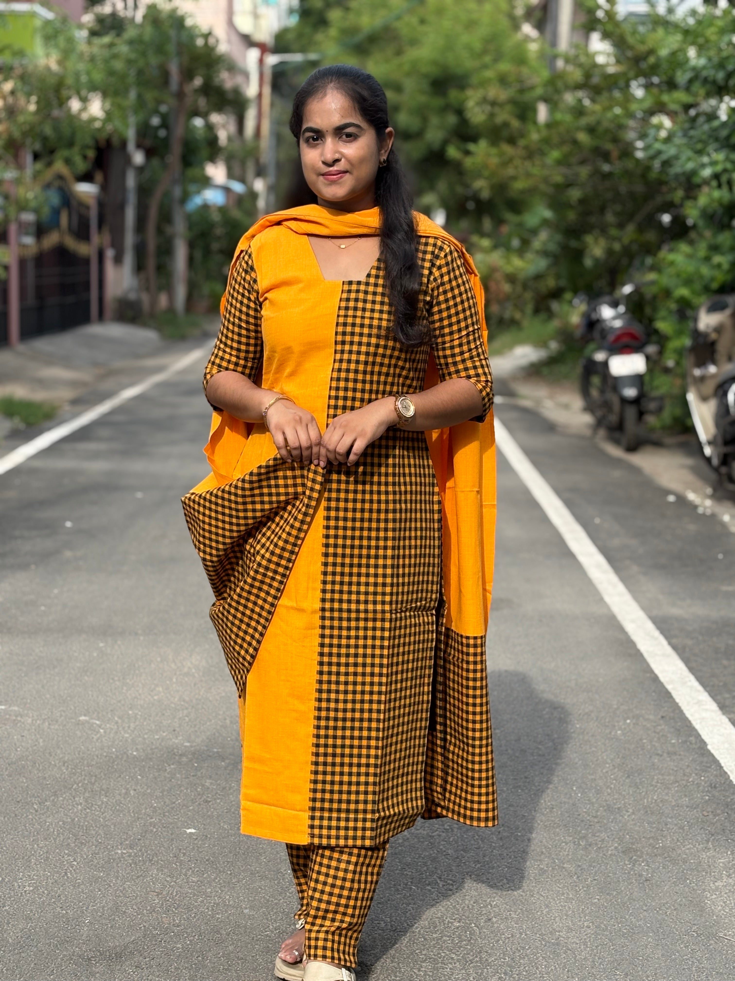 Mustard Checks Handloom Cotton Set