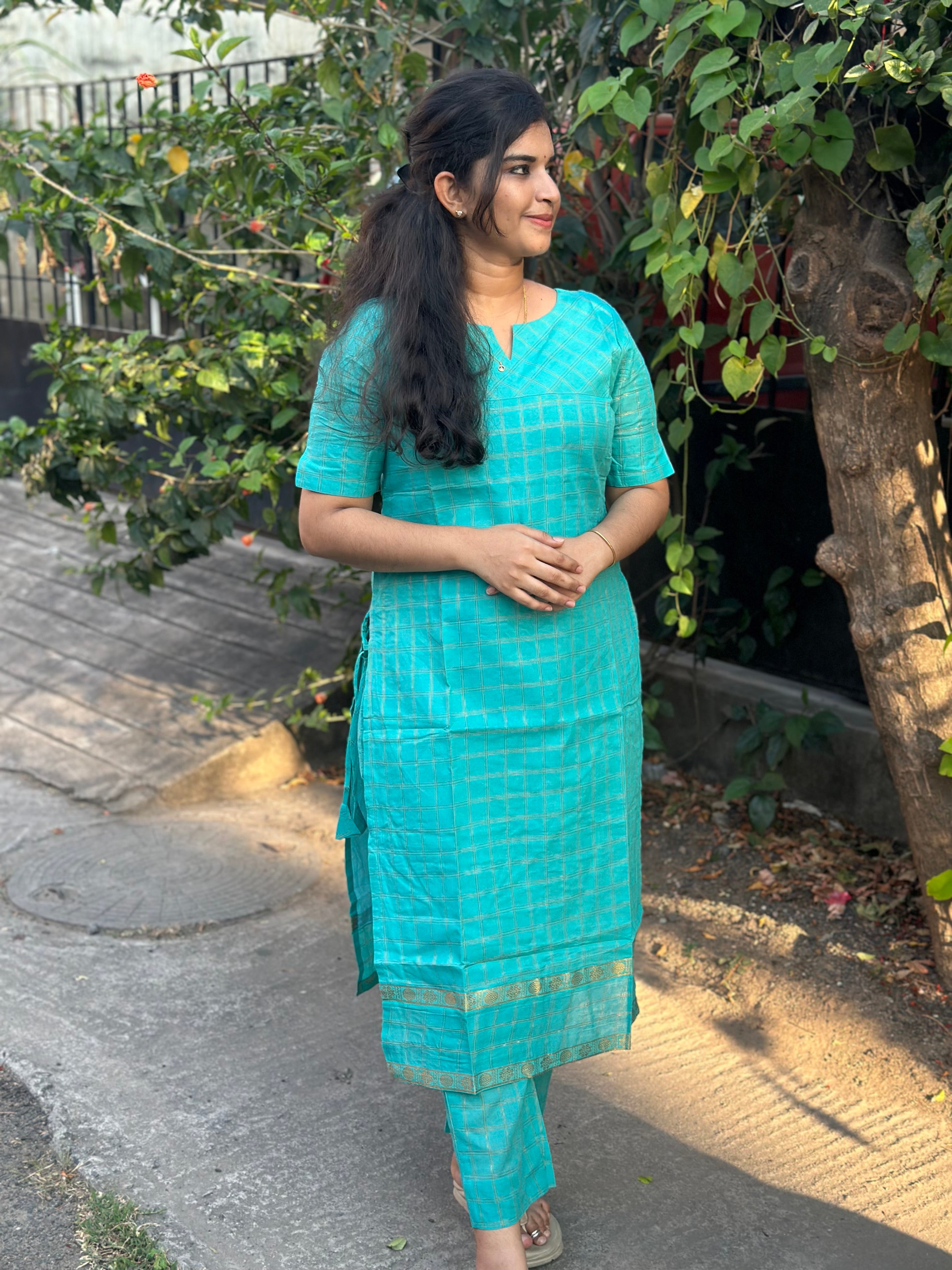 Aqua Blue Sungudi Cotton Coord set
