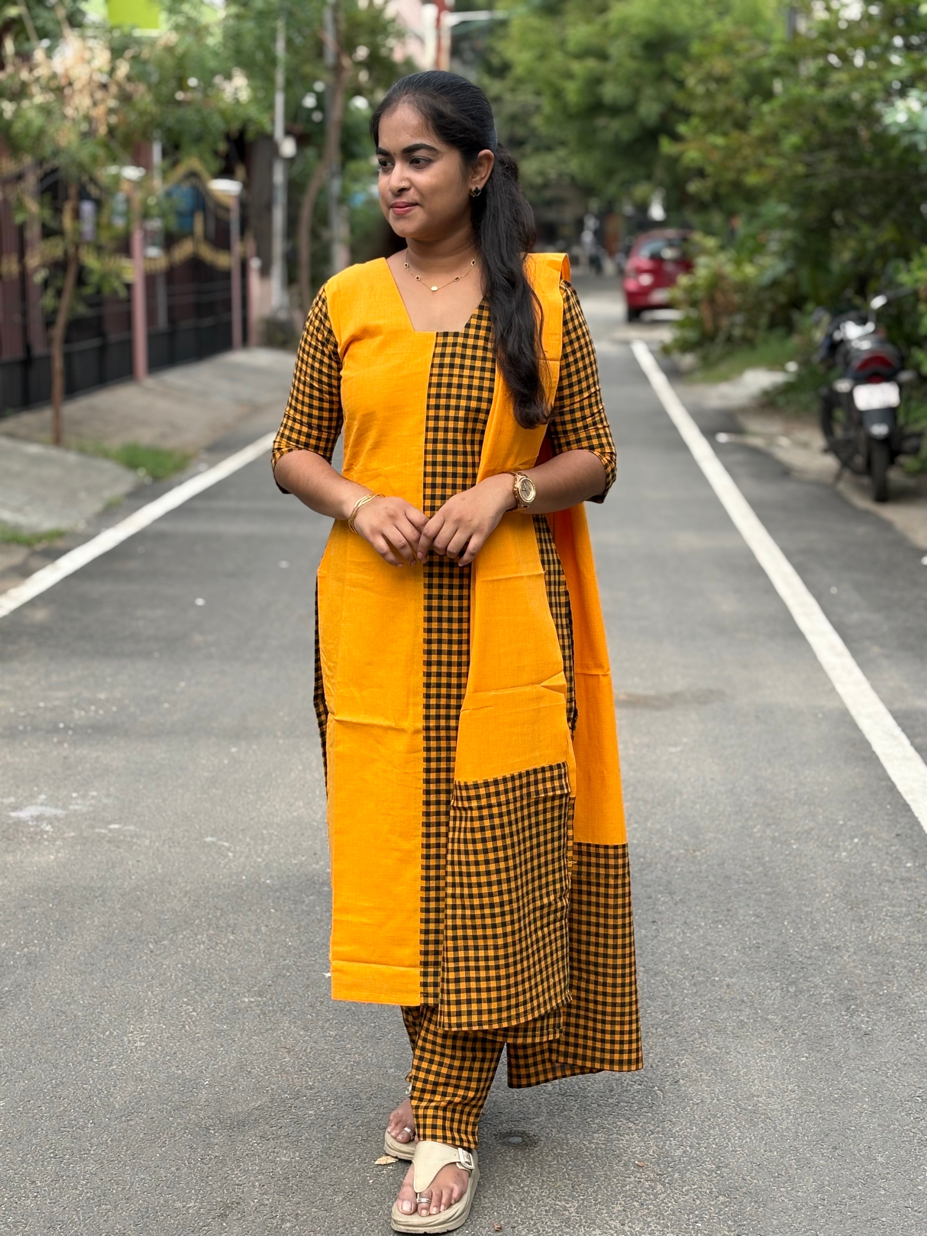 Mustard Checks Handloom Cotton Set
