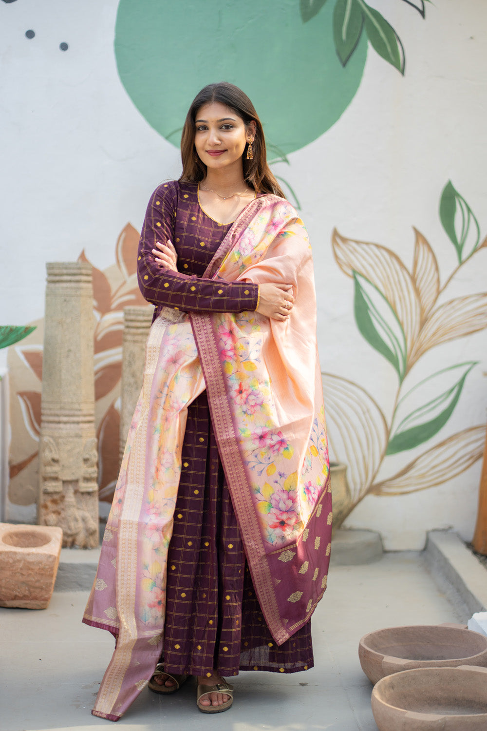 Poonguzhali - Raw Silk Pleated Maxi with Floral Tussar Dupatta