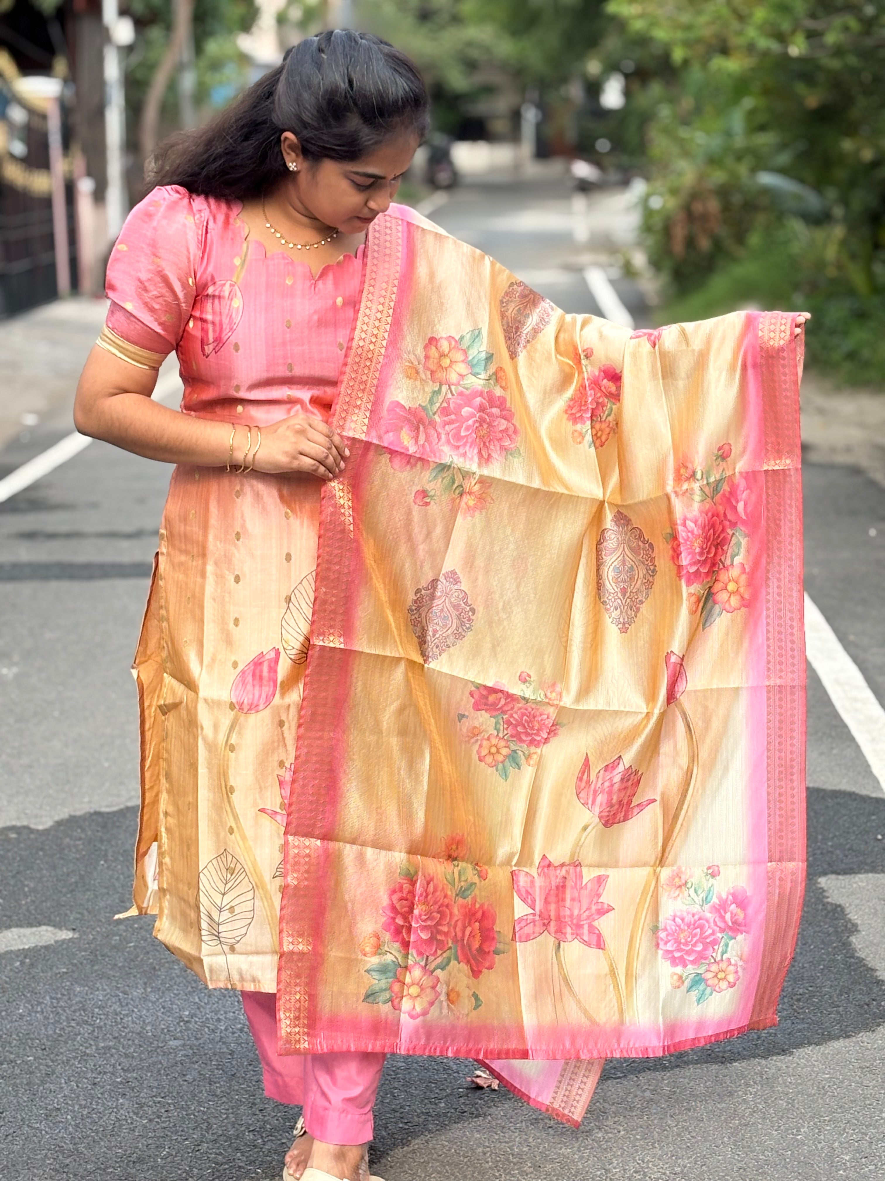 Pink Beige Semi Tussar Silk Suit Set