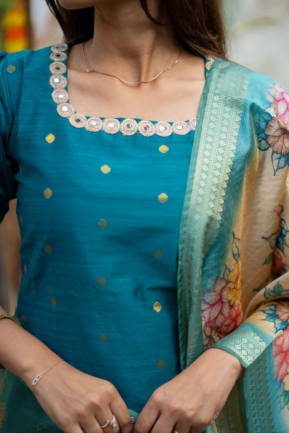 Poonthendral - Raw Silk Butta Suit Set with Floral Tussar Dupatta