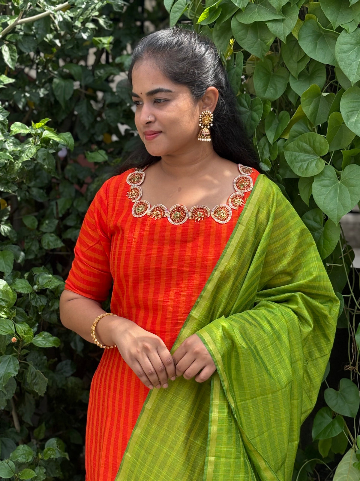 Kalyani - Raw Silk Suit Set with Aari Maggam work