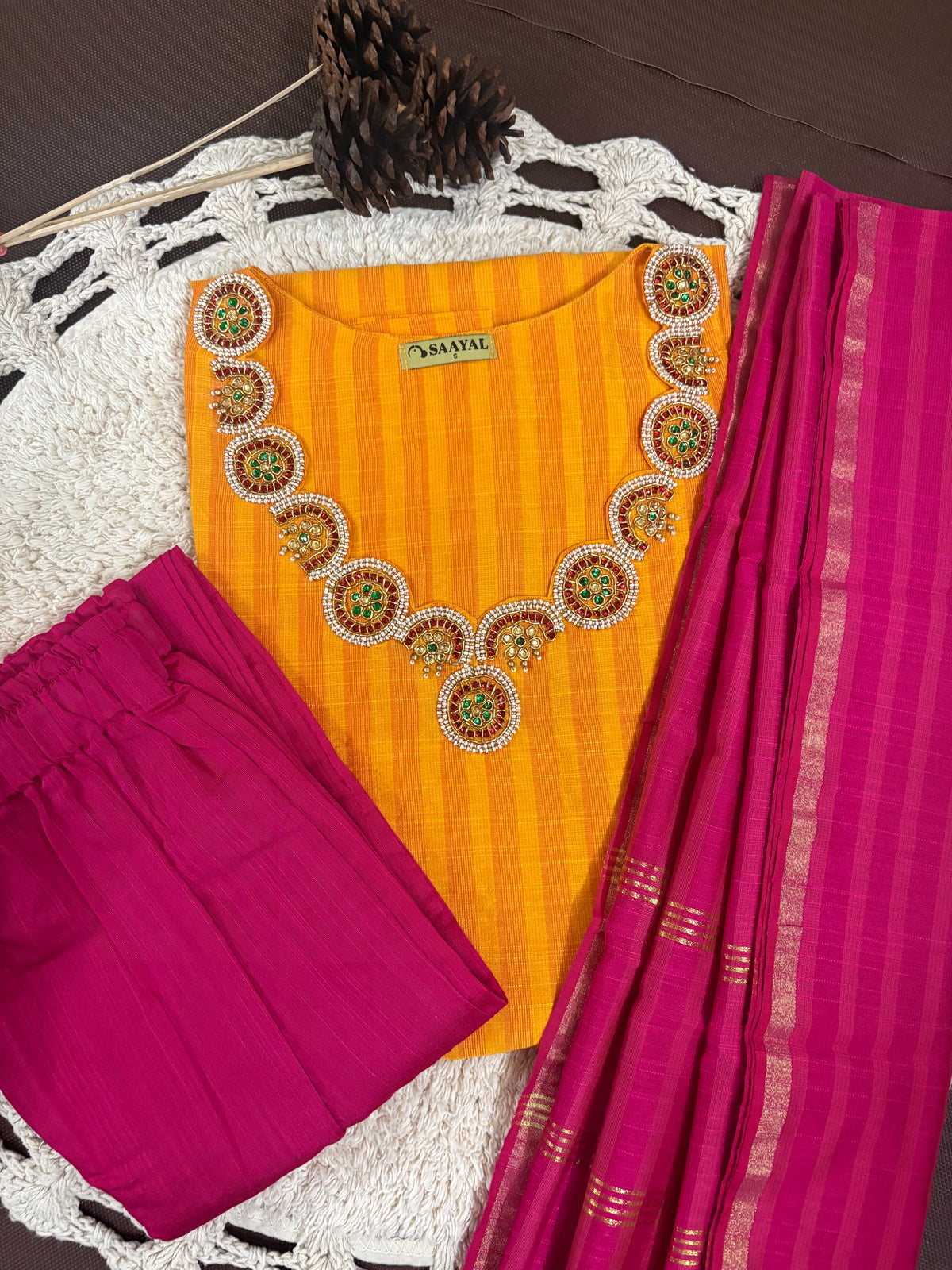 Kalyani - Raw Silk Suit Set with Aari Maggam work