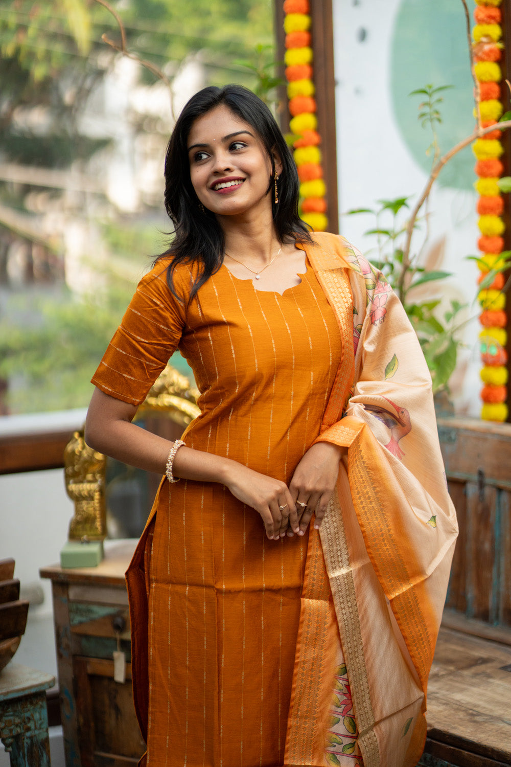 Semmanthi - Raw Silk Suit Set with Floral Tussar Dupatta