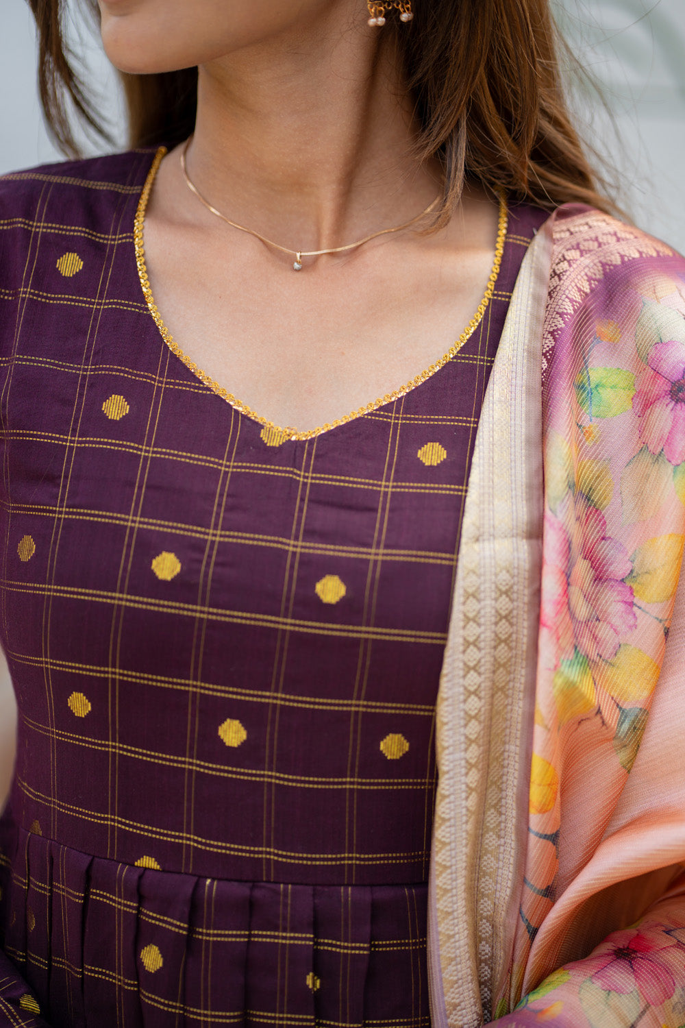 Poonguzhali - Raw Silk Pleated Maxi with Floral Tussar Dupatta