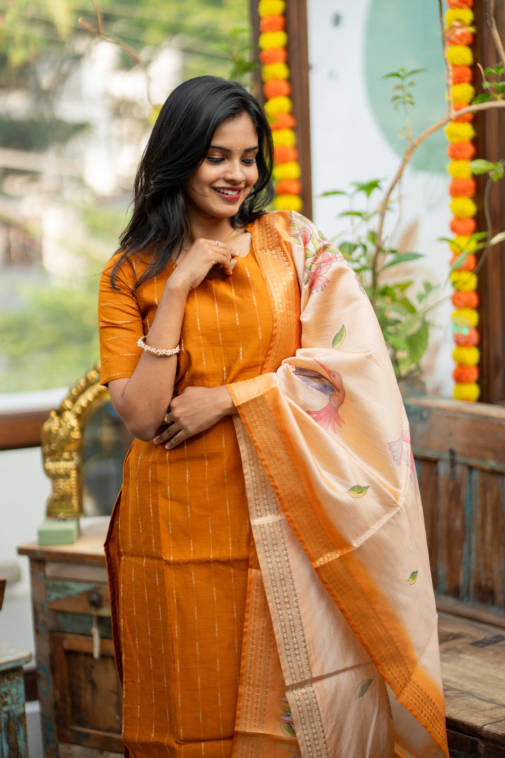 Semmanthi - Raw Silk Suit Set with Floral Tussar Dupatta