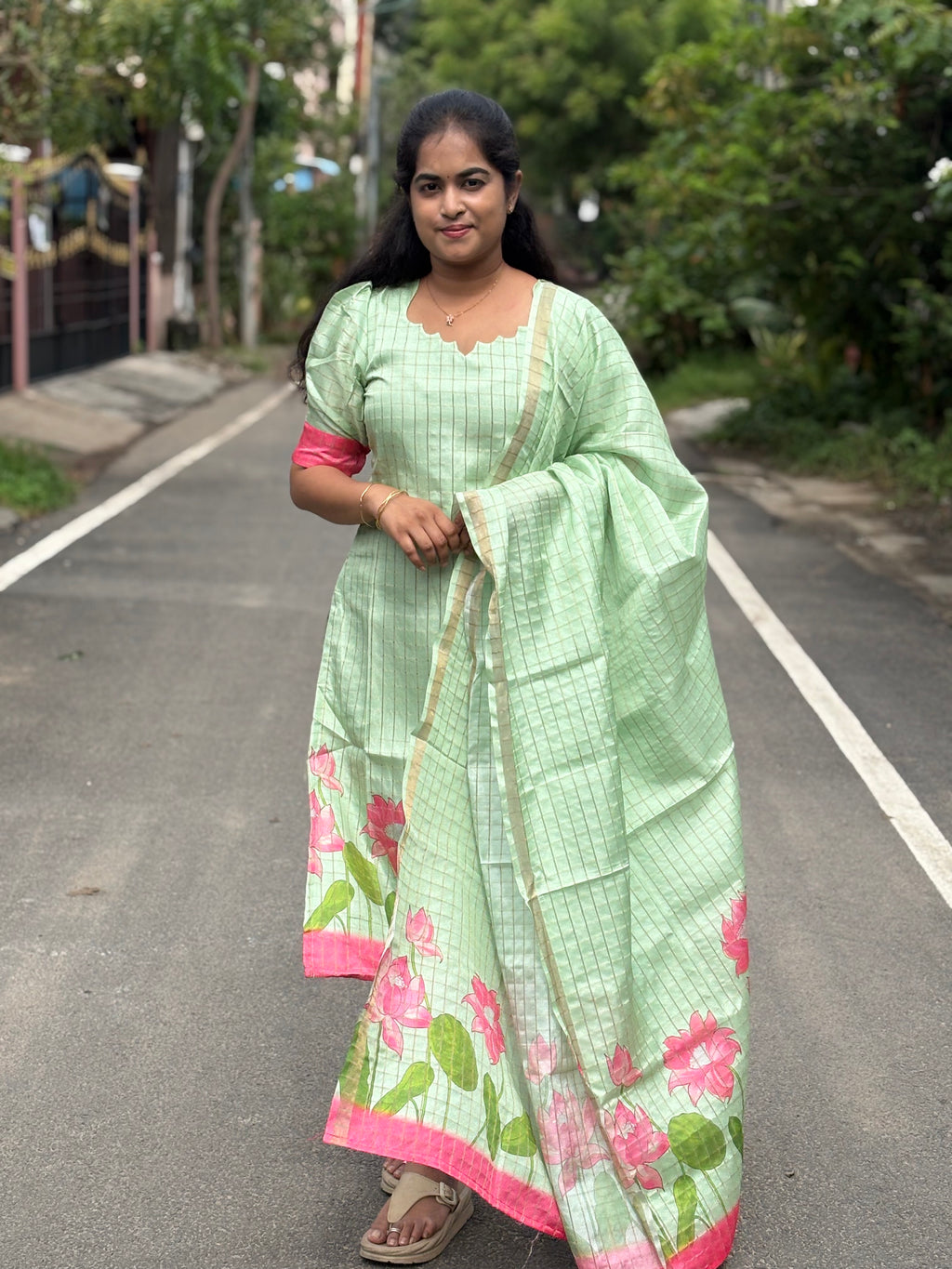 Pastel Lotus Semi Tussar Silk Top And Dupatta Set