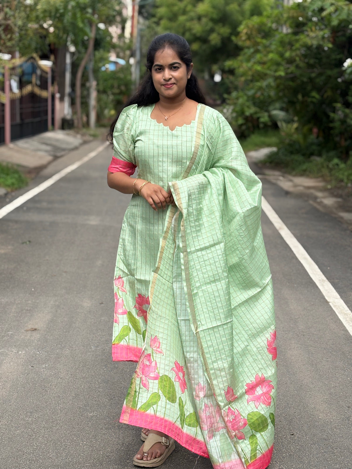 Pastel Lotus Semi Tussar Silk Top And Dupatta Set