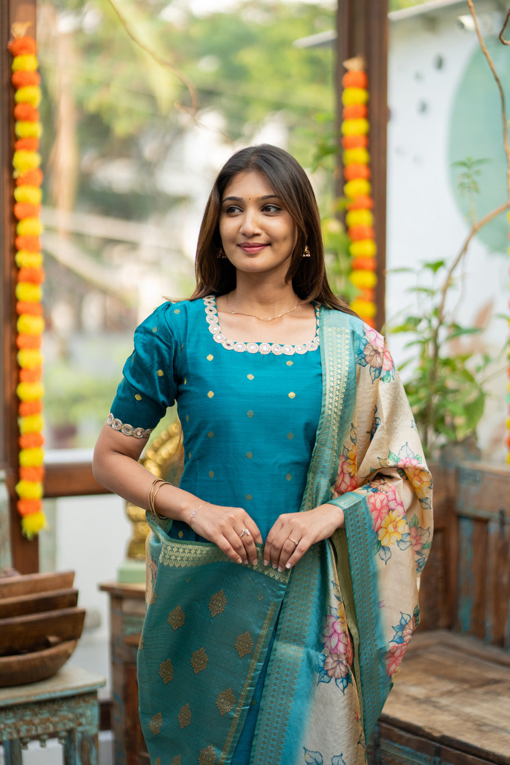 Poonthendral - Raw Silk Butta Suit Set with Floral Tussar Dupatta