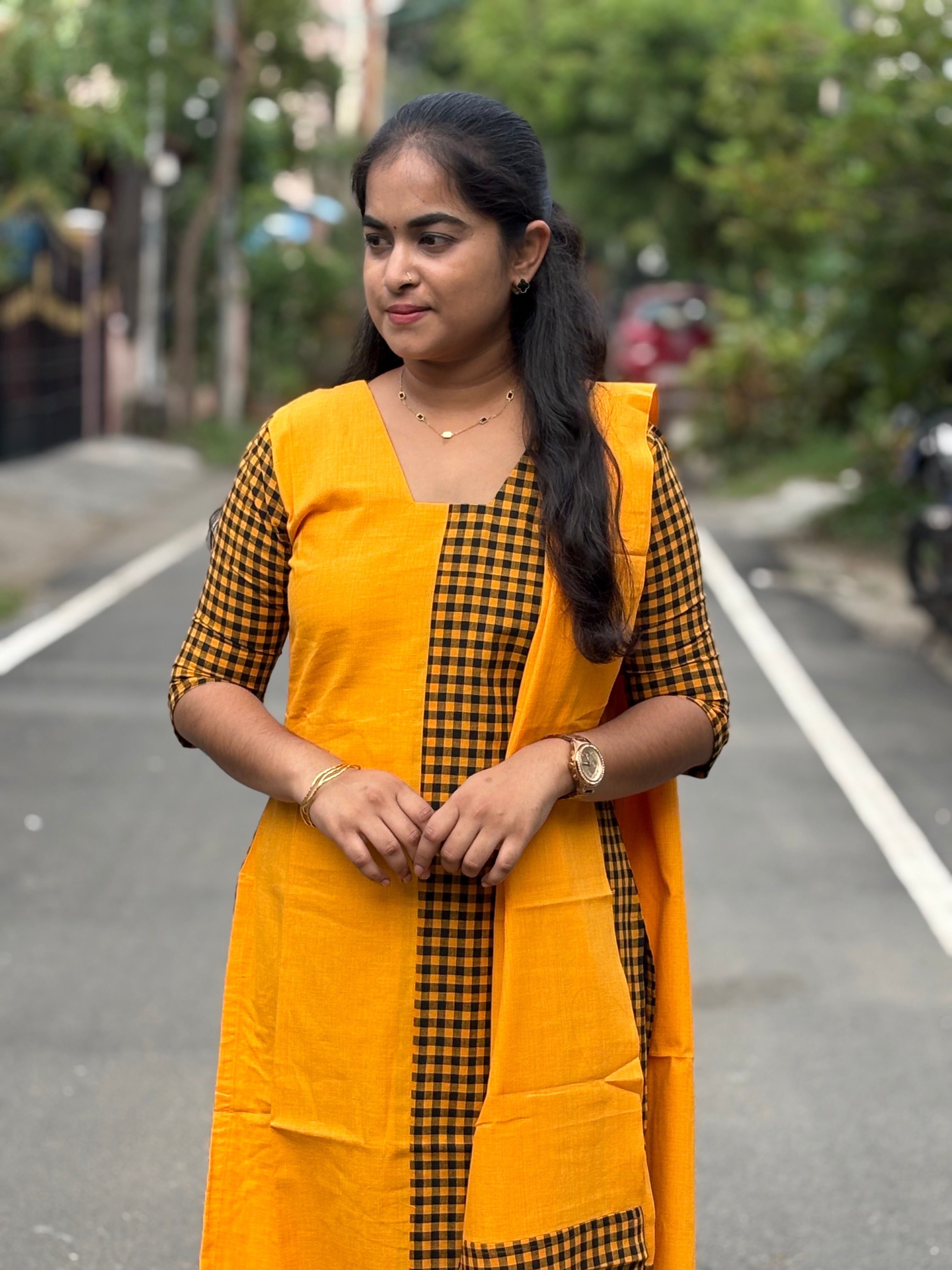 Mustard Checks Handloom Cotton Set