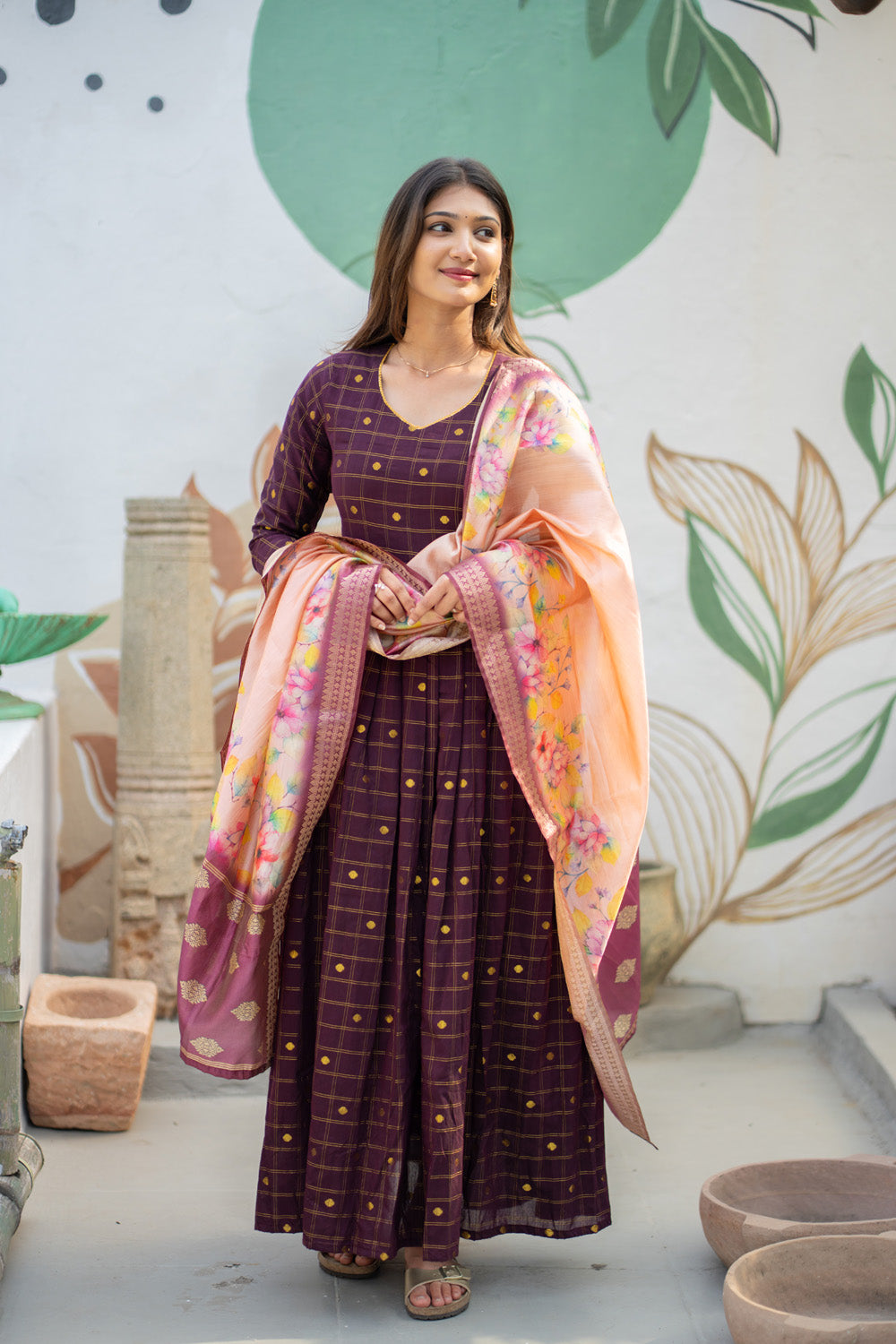 Poonguzhali - Raw Silk Pleated Maxi with Floral Tussar Dupatta