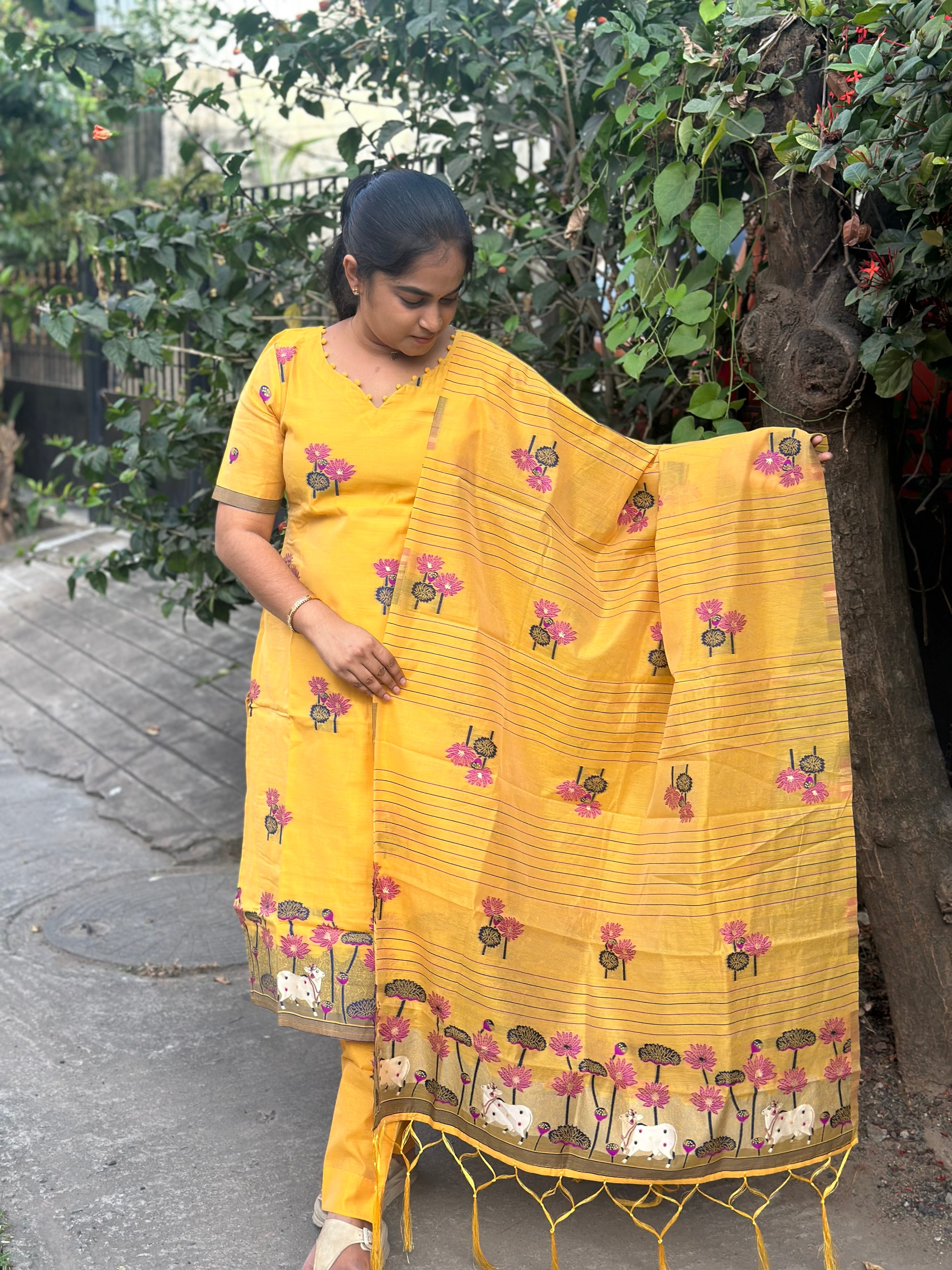 Pichwai art weaved jamdhani cotton suit set