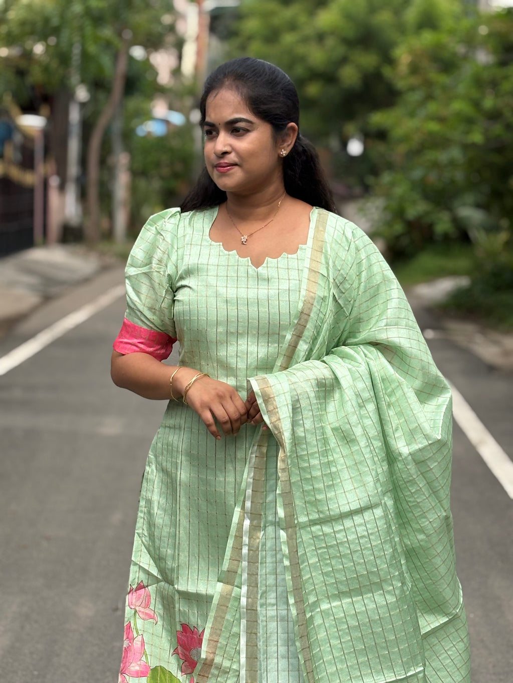 Pastel Lotus Semi Tussar Silk Top And Dupatta Set
