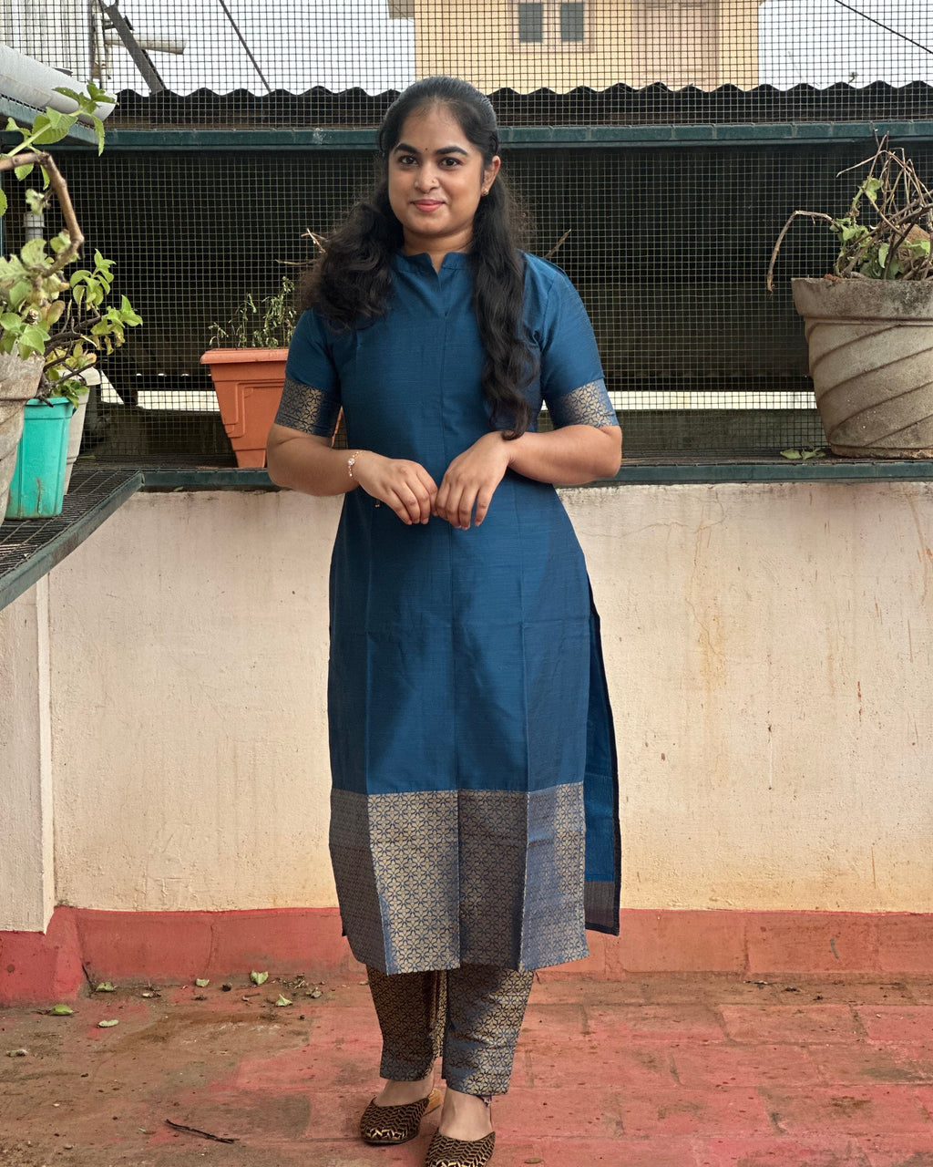 Teal Blue Raw Silk Coord Set With Brocade Detailing