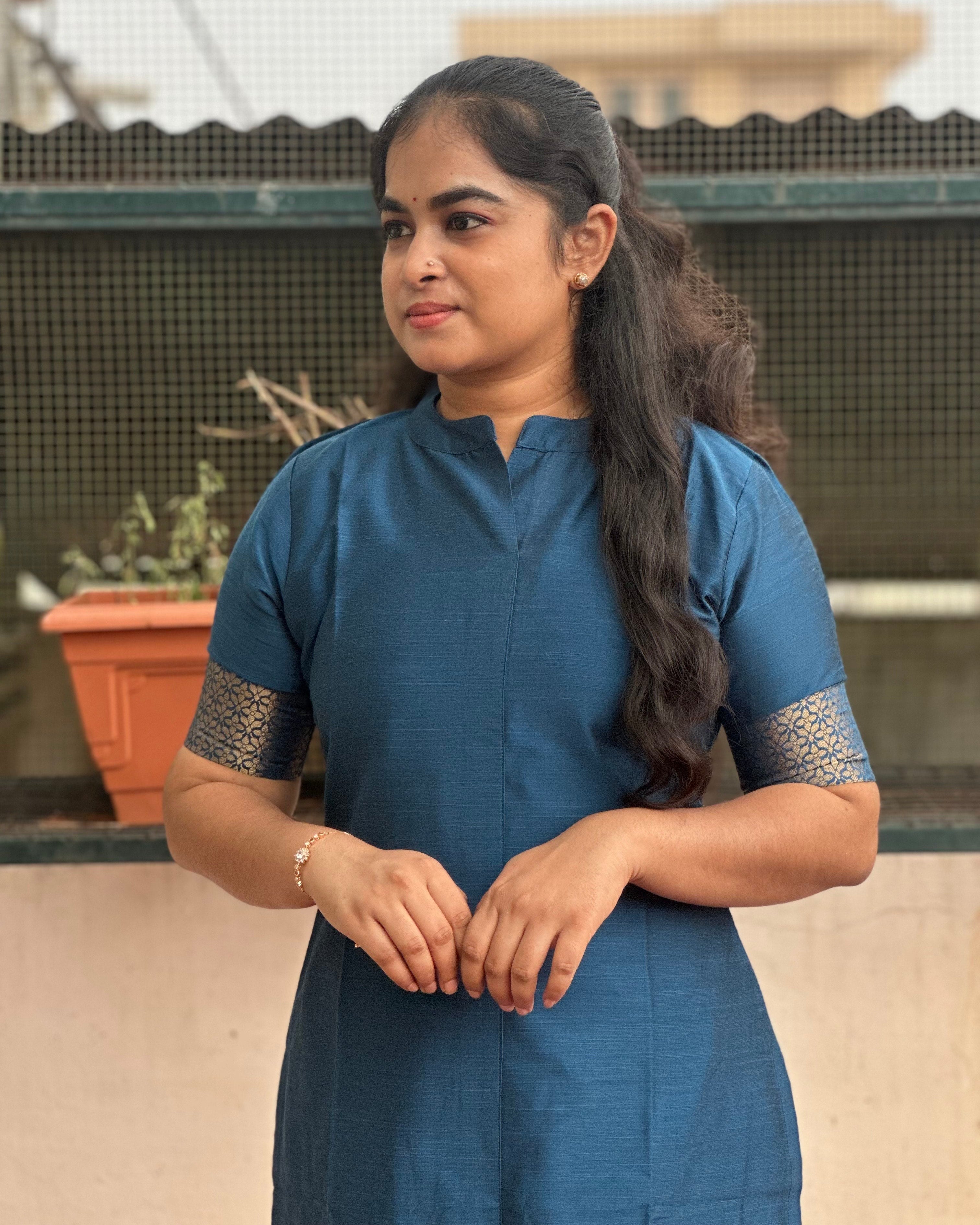 Teal Blue Raw Silk Coord Set With Brocade Detailing