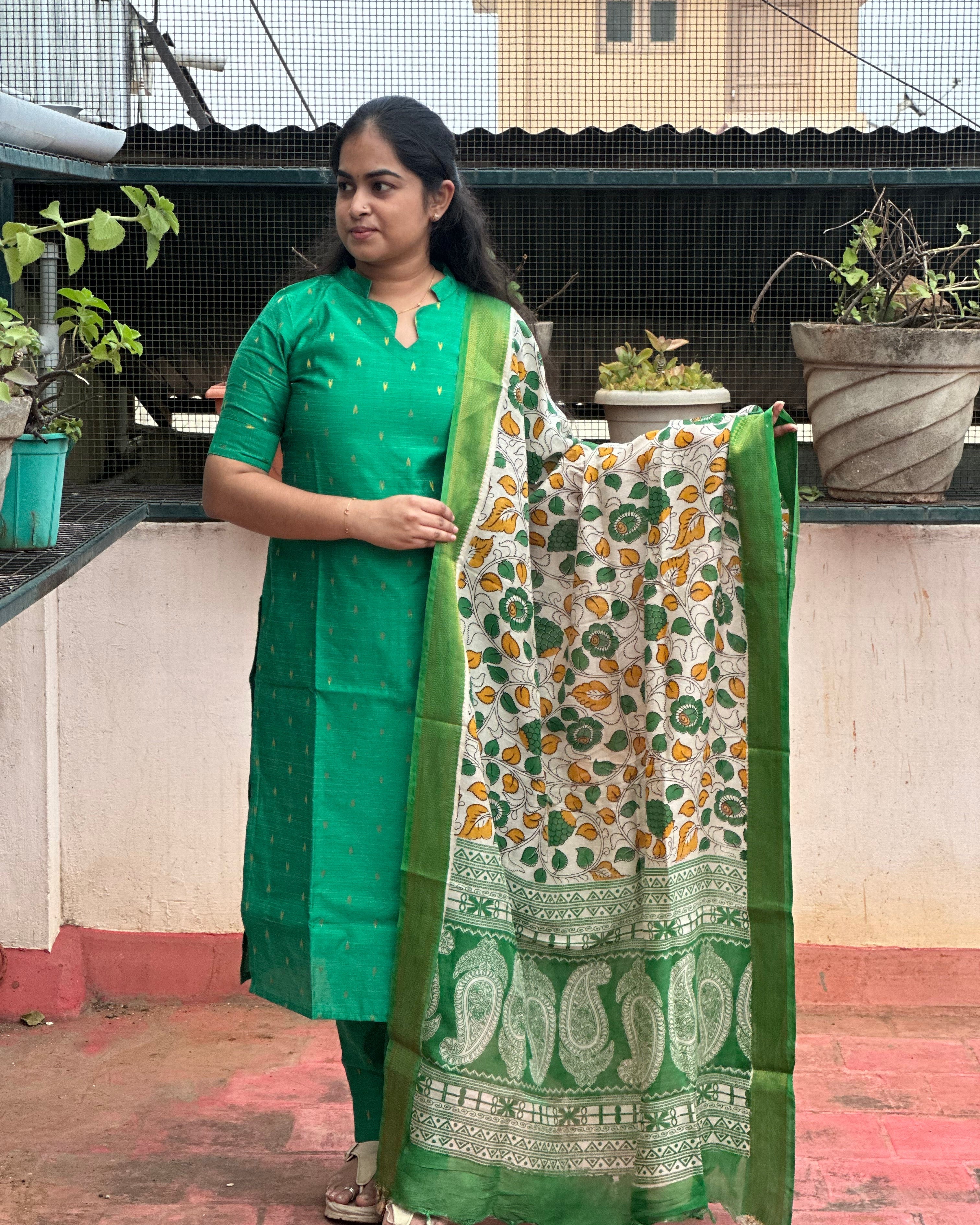 Green Raw Silk Suit Set with Chennuri Silk Dupatta