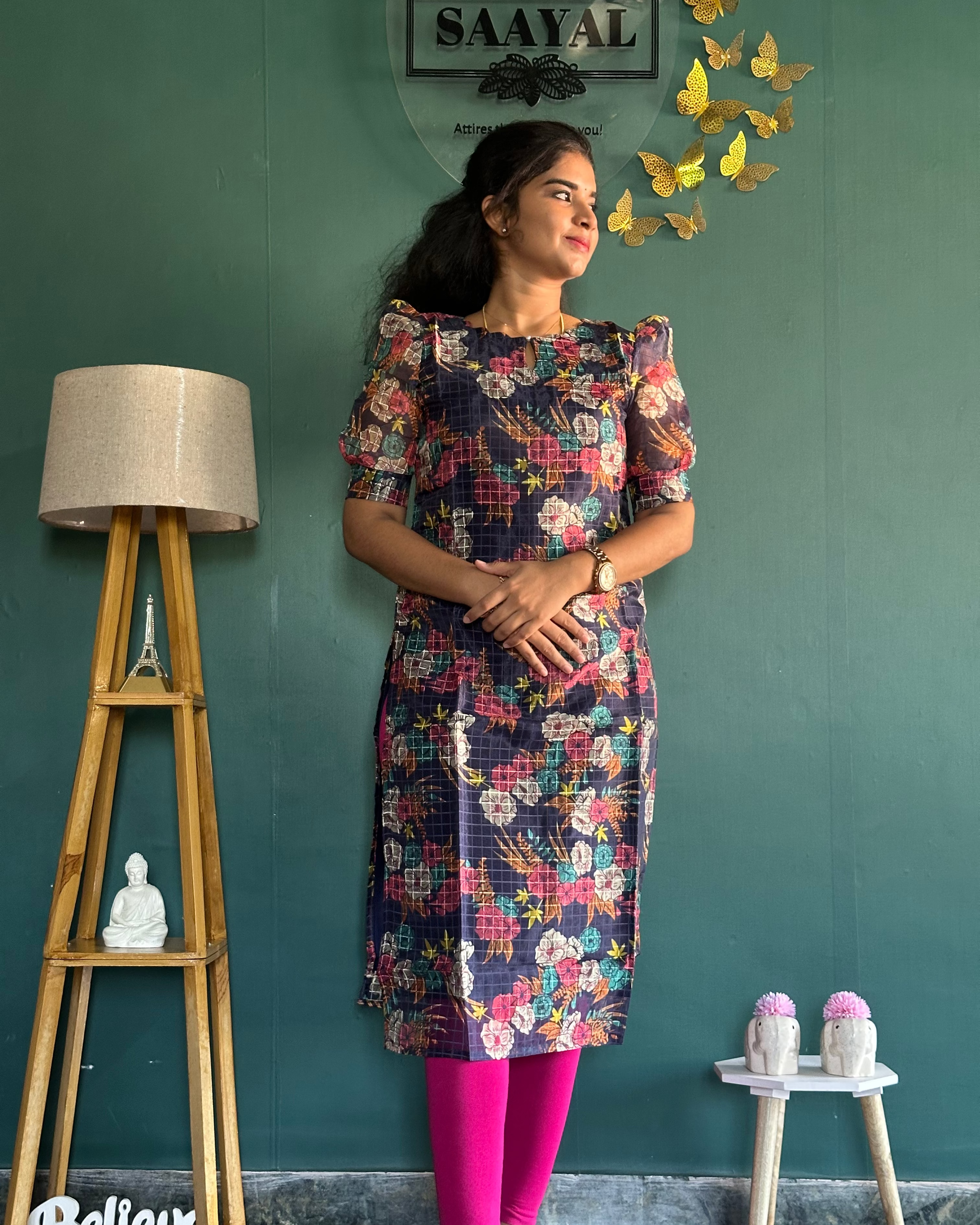 Navy Blue Floral Printed Organza Kurti