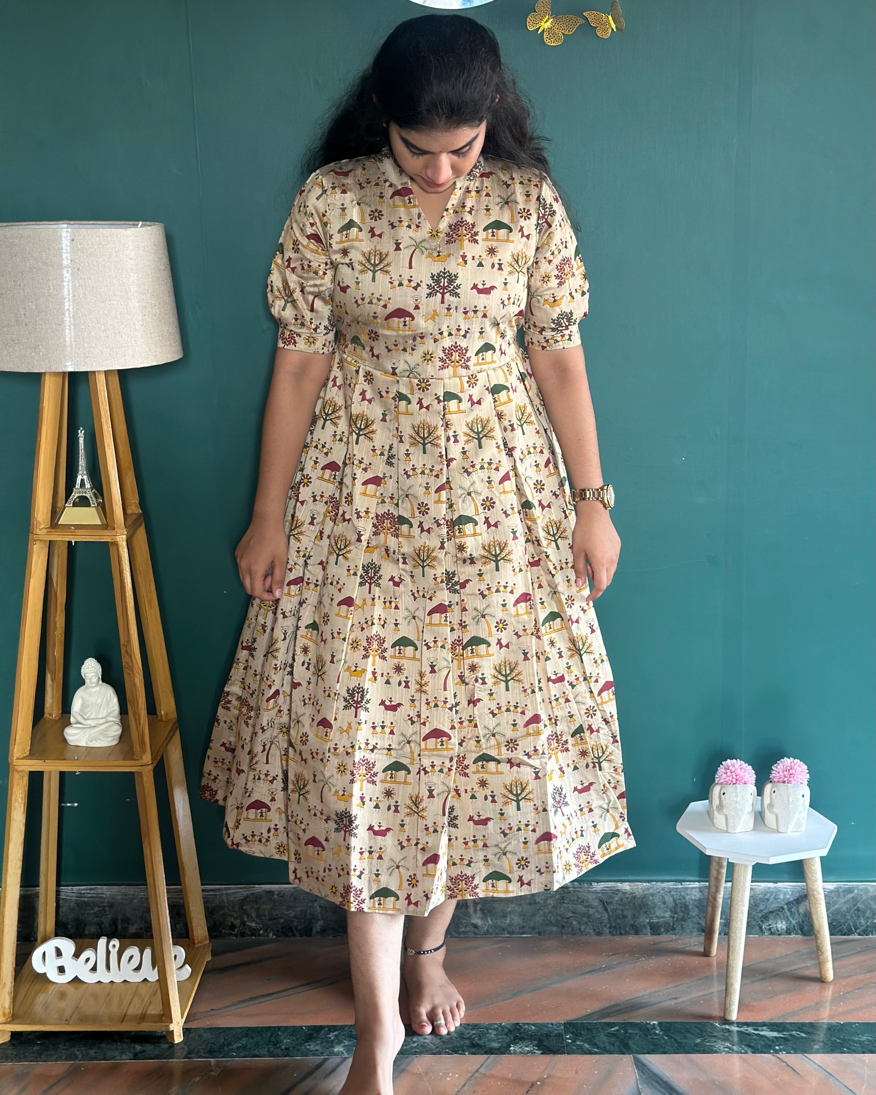 Warli Printed Raw Silk Maxi