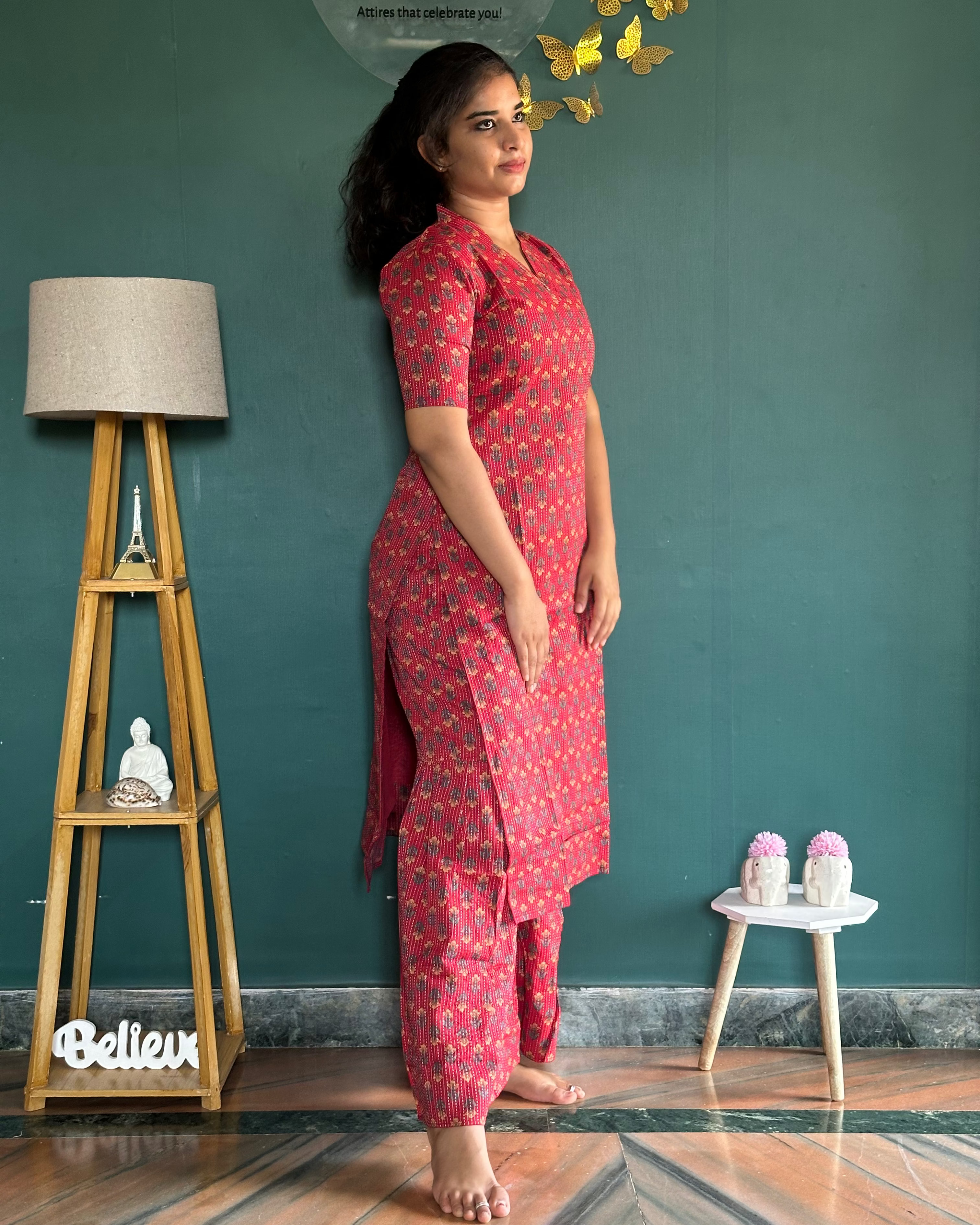 Red Kantha Cotton Sharara Set