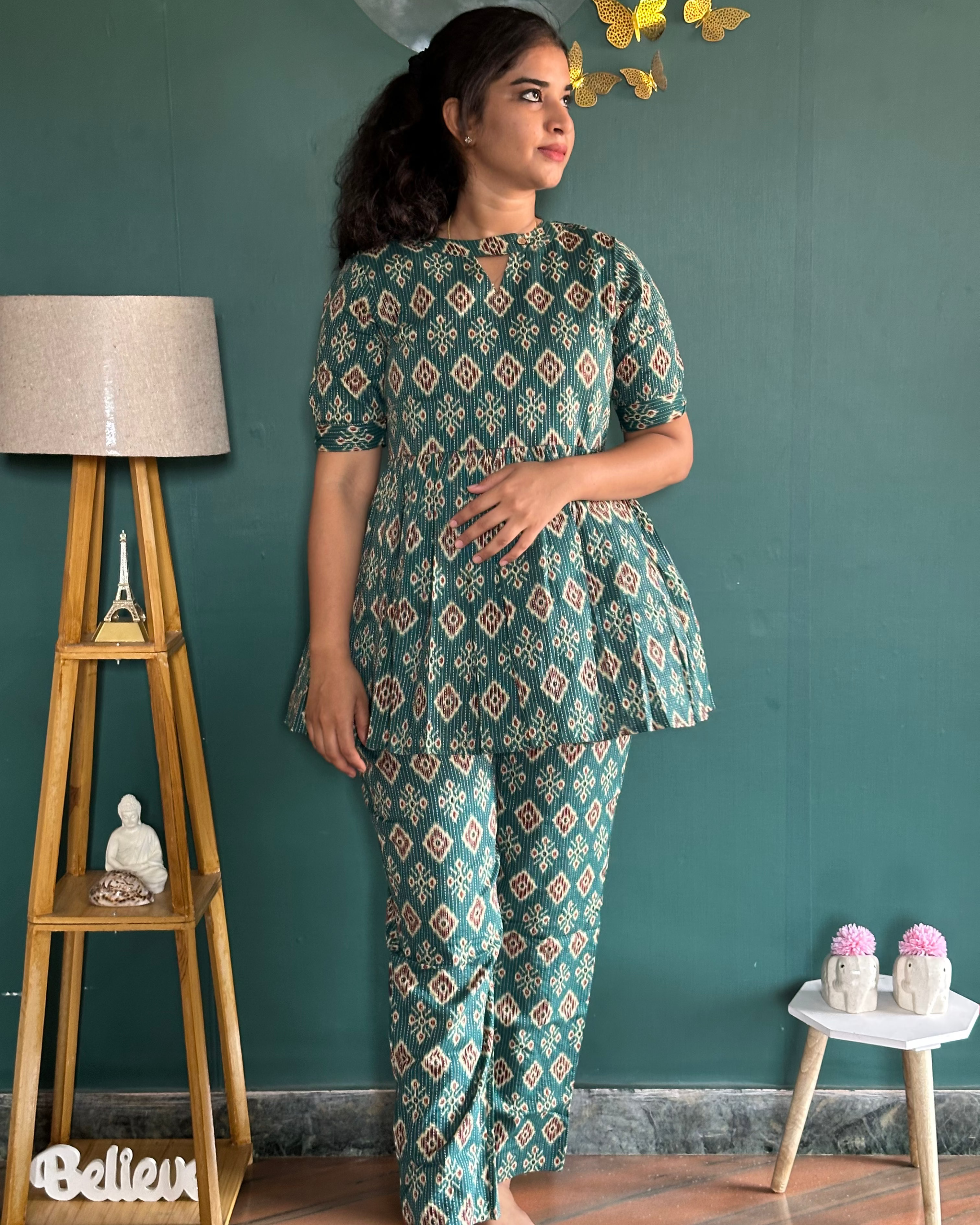Green Kantha Cotton Peplum Set