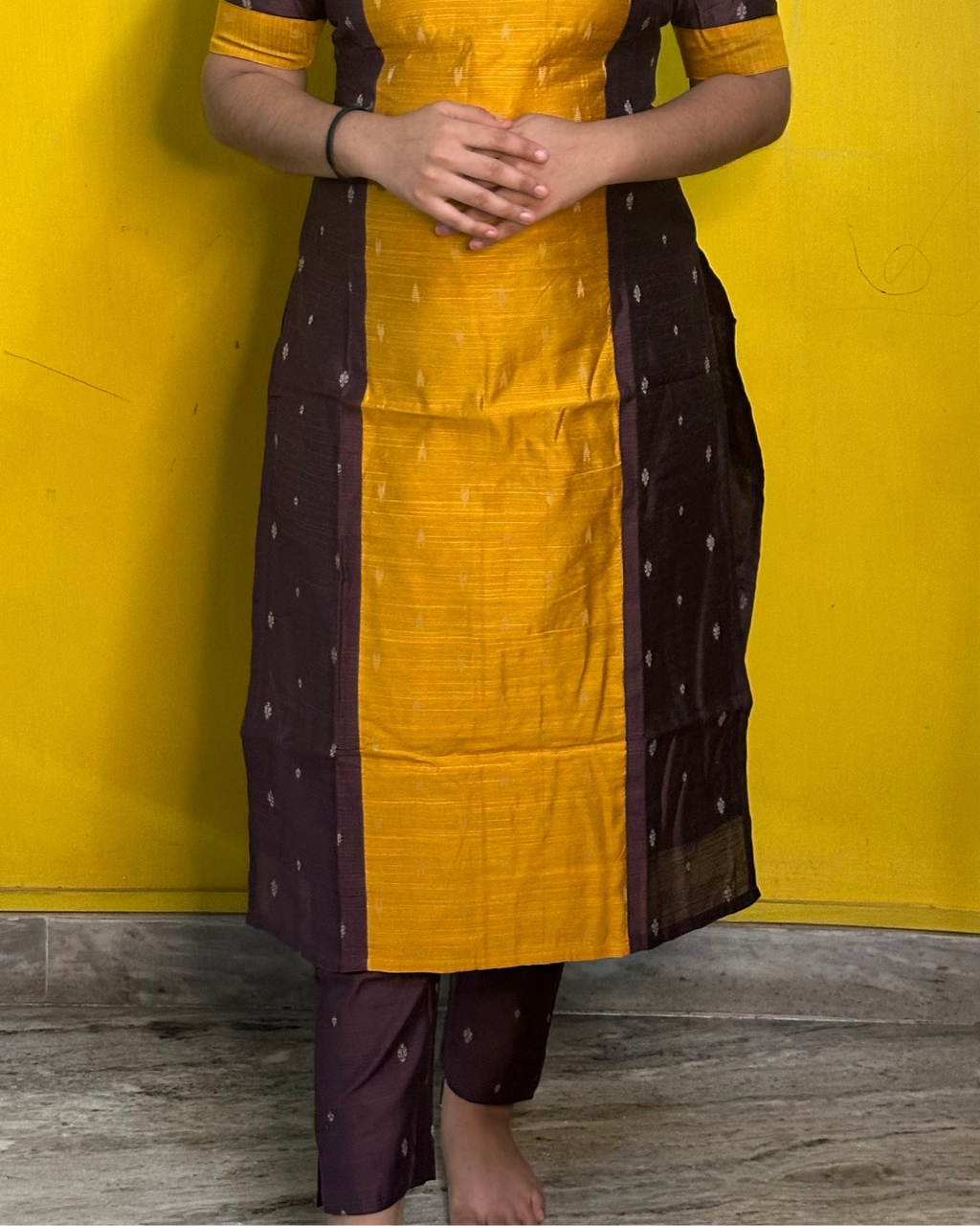 Brown And Yellow Raw Silk Coord Set