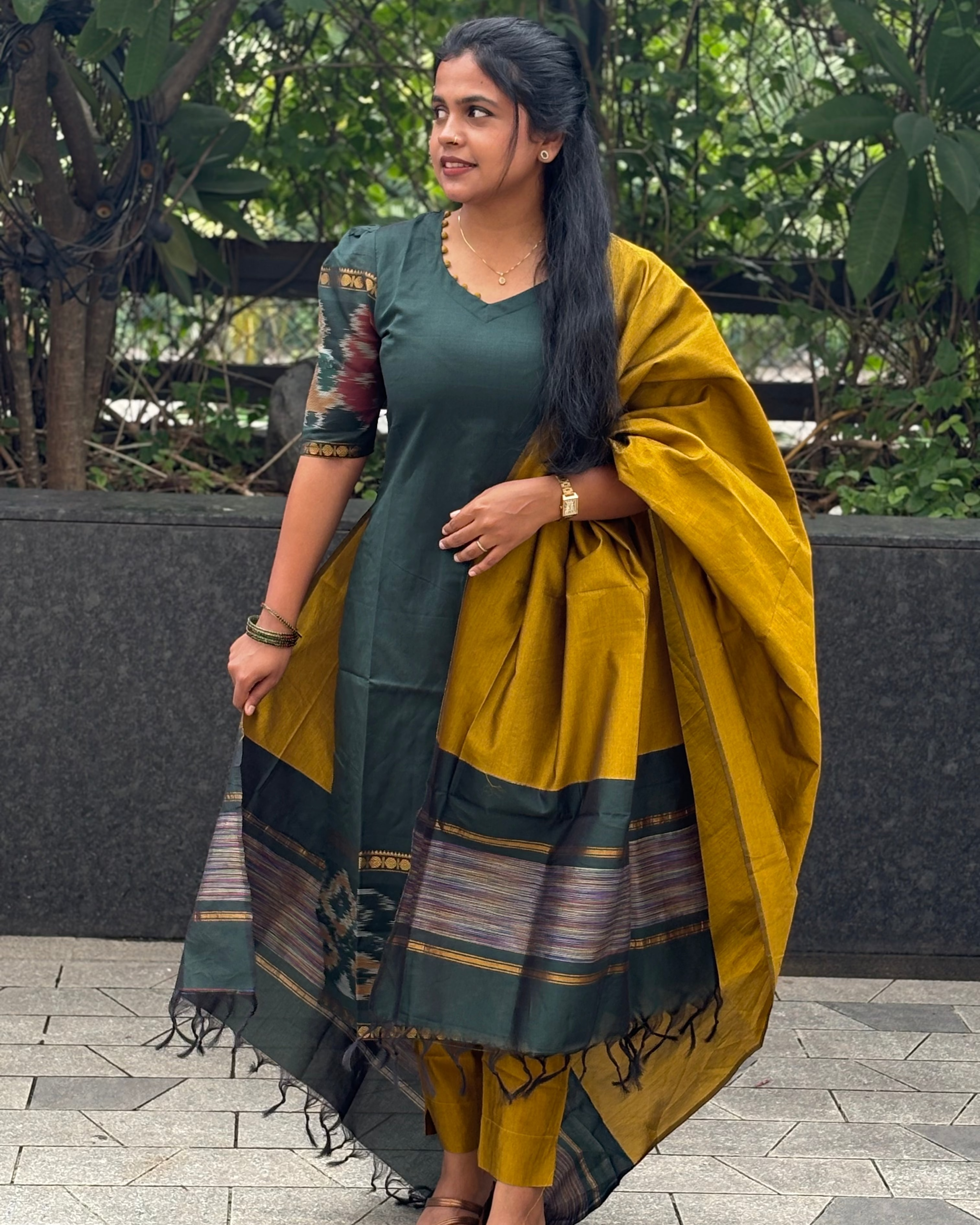 Green Pochampally Ikkat Semi-Silk Suit Set