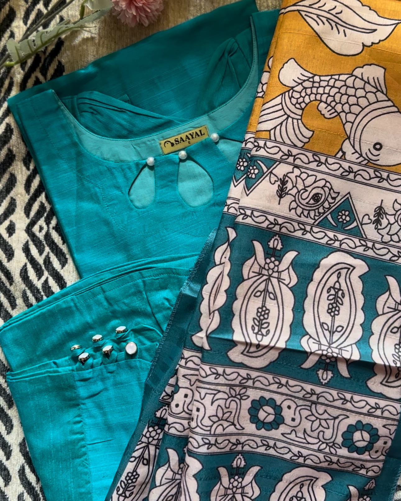 Aqua blue Raw Silk Suit Set Paired With An Elegant Tussar Silk Dupatta