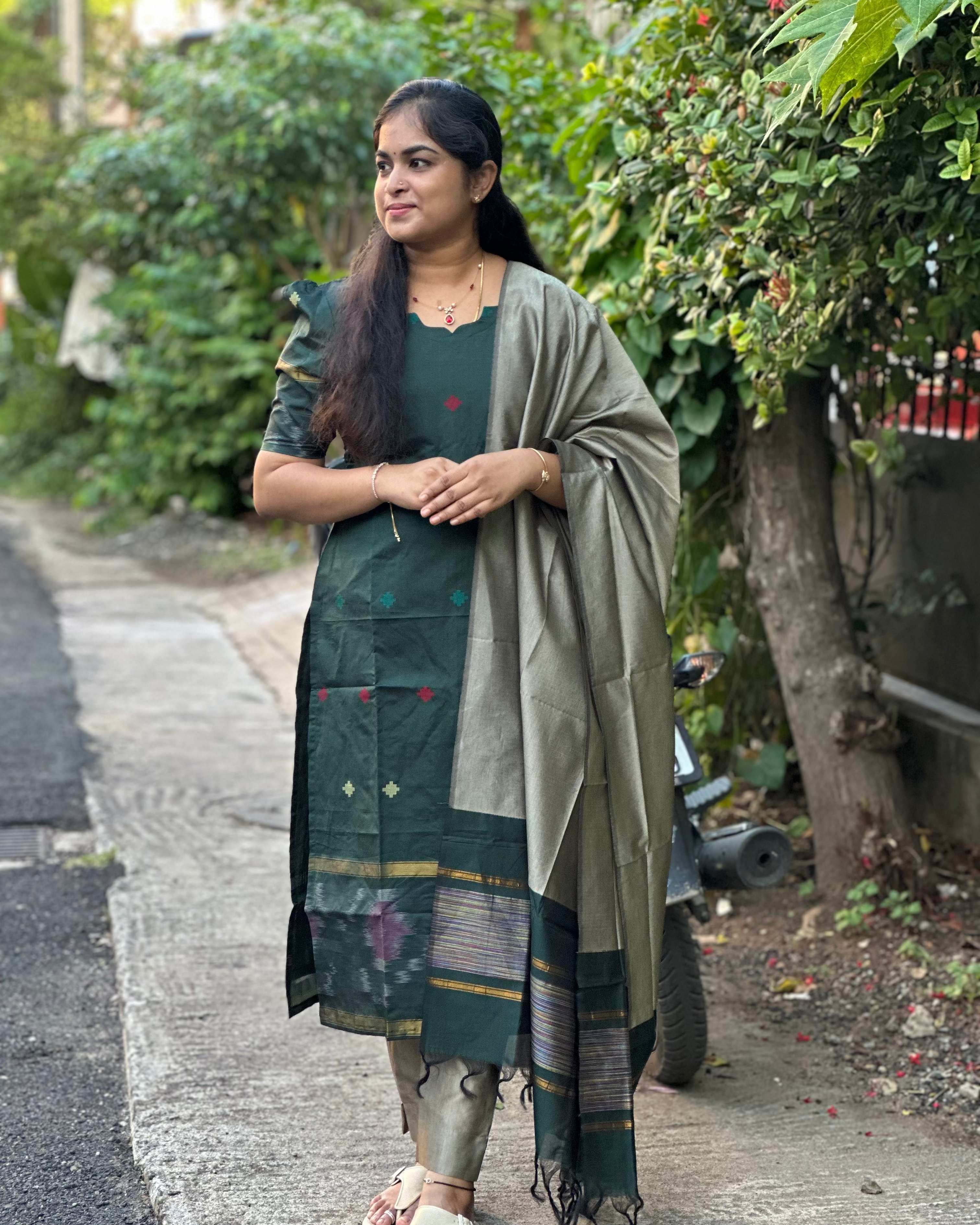 Green Pochampally Ikkat Semi-Silk Suit Set